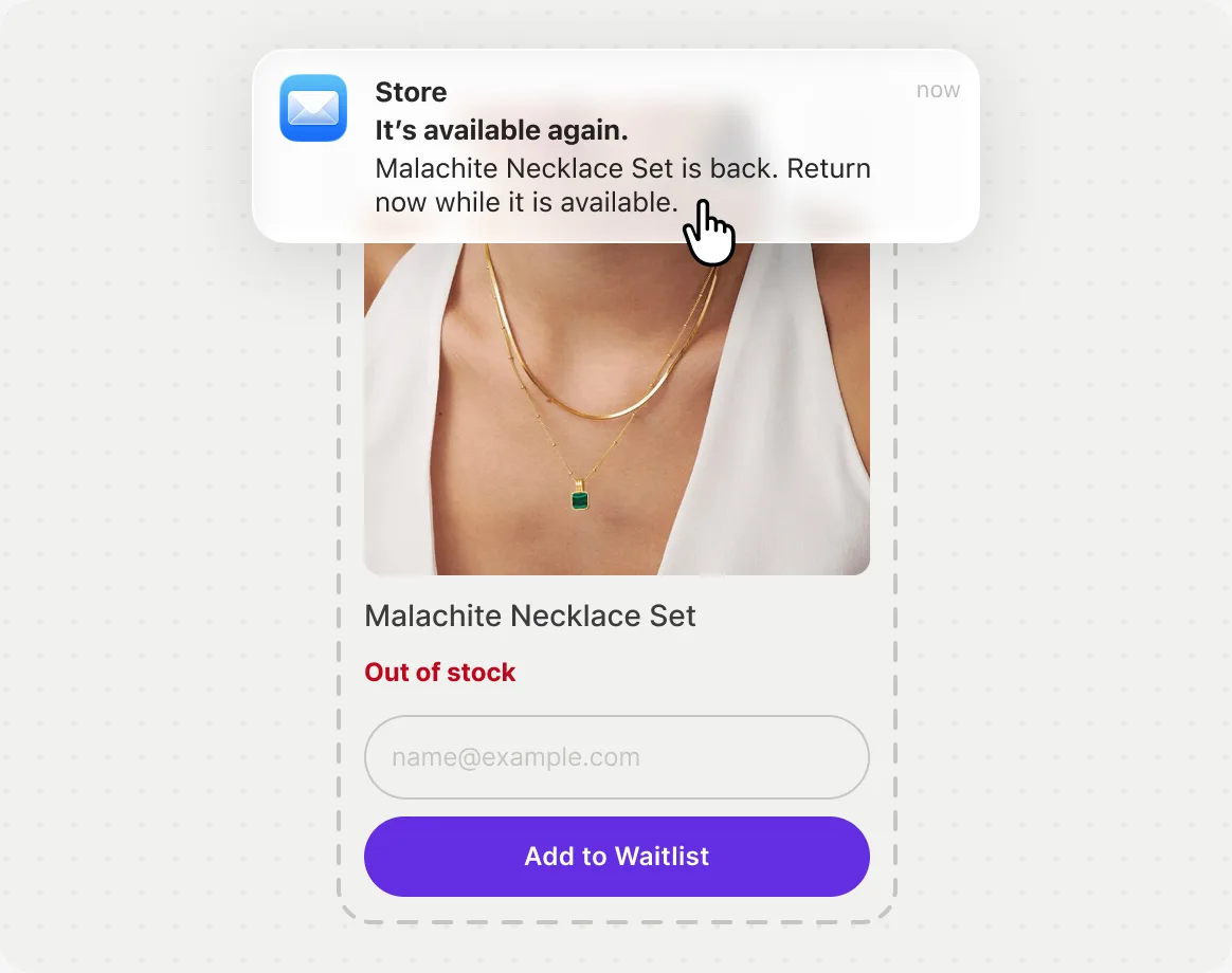 Out-of-stock product with an Add to Waitlist form and a back-in-stock notification