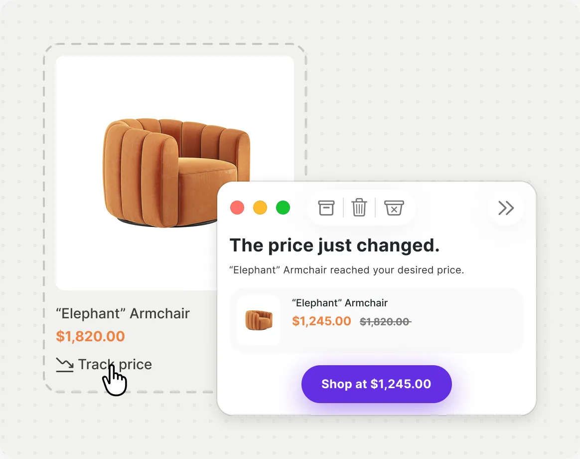 Tracked product price dropping and the customer being notified that the desired price was reached