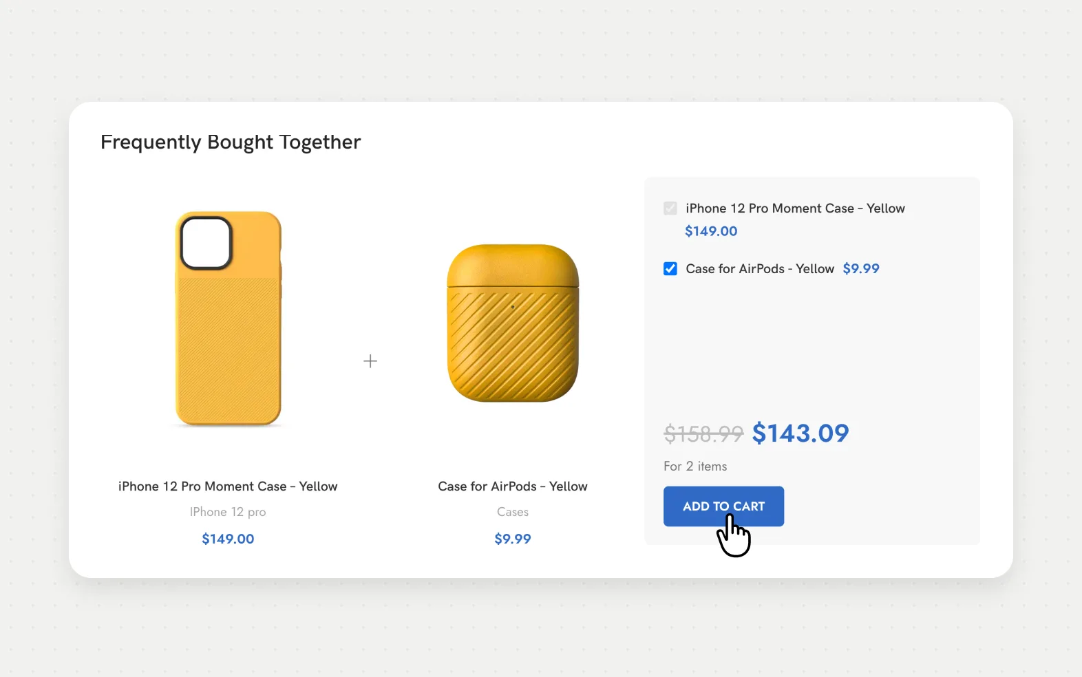 Frequently bought together block with a phone case and an AirPods case, both selected, and a bundle price of $143.09 with an add to cart button
