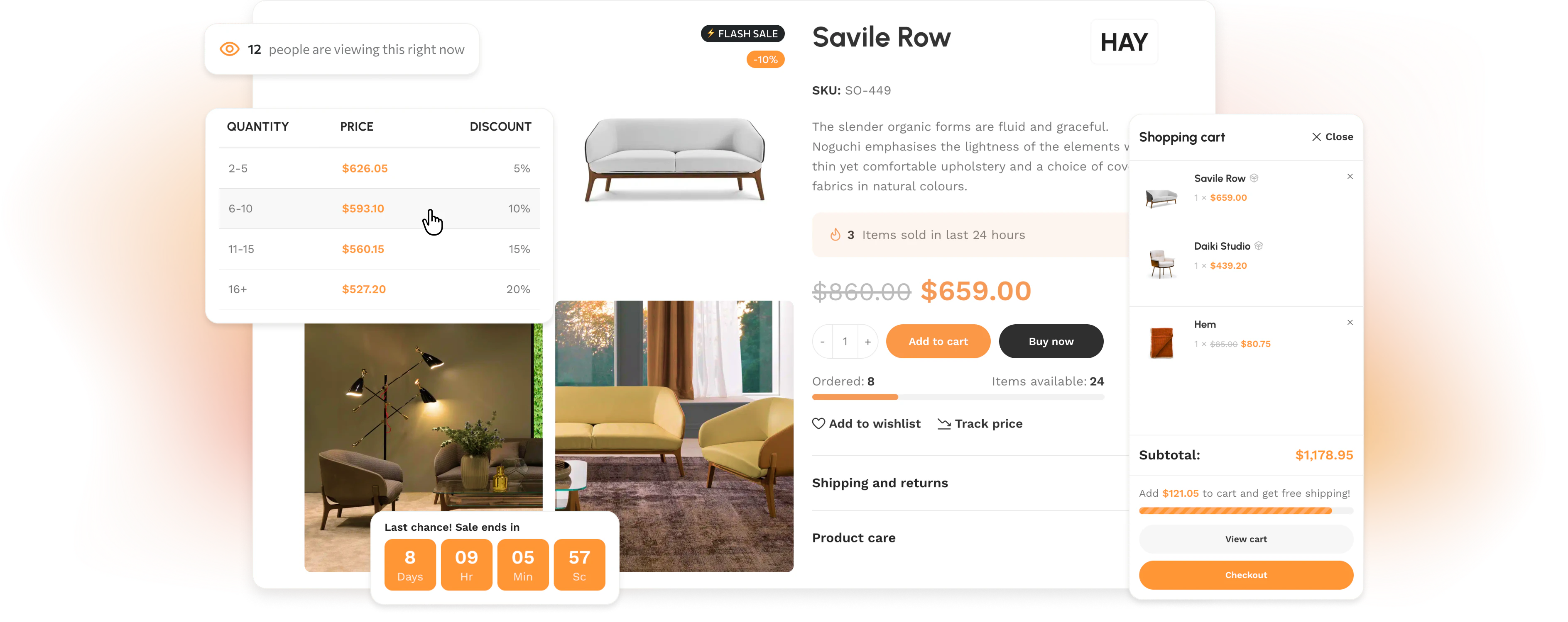 Product page with a quantity discount table, a sale countdown, items sold and visitors counters, a buy now button and a mini cart with a free shipping progress bar