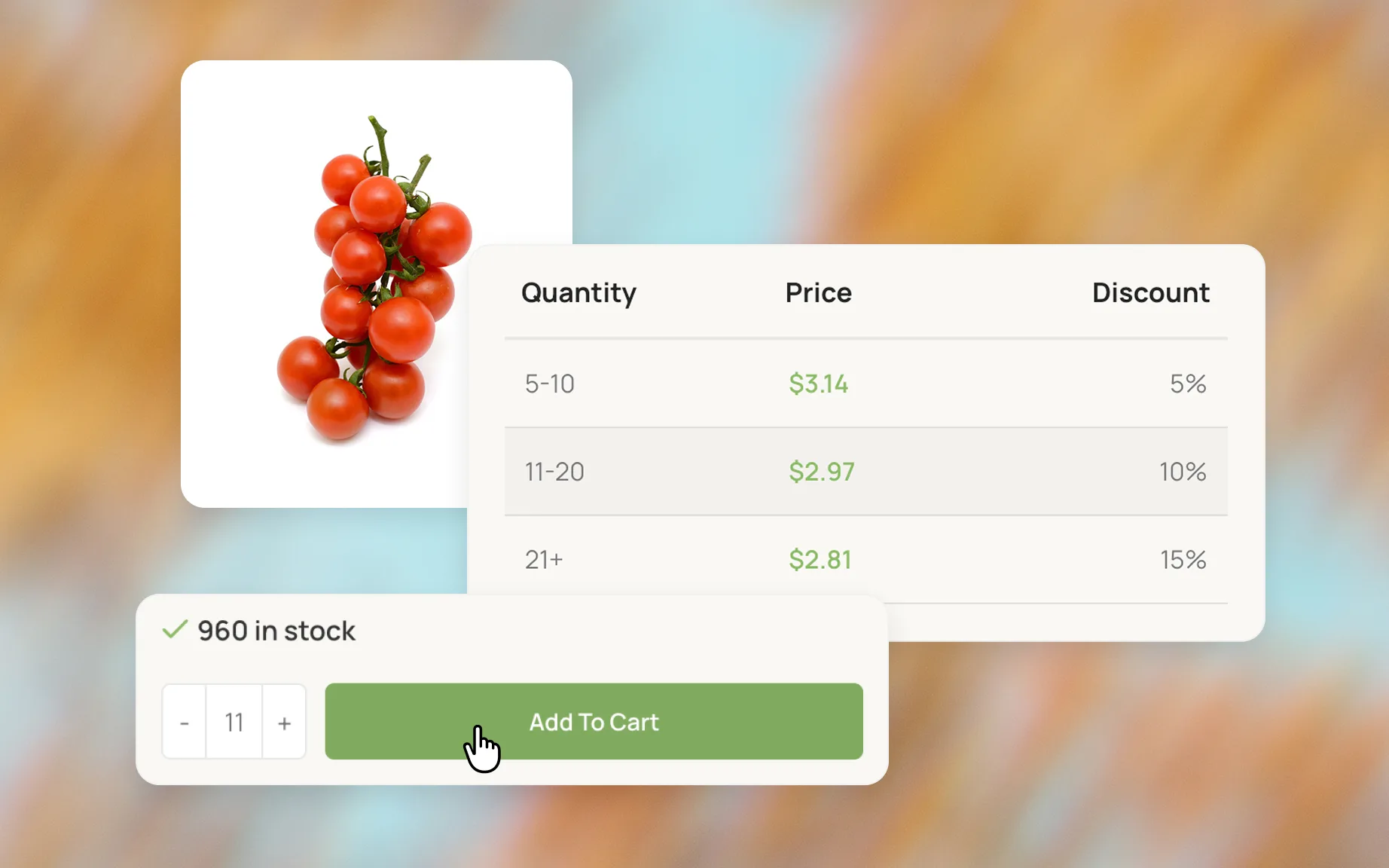 Quantity discount table with prices for 5-10, 11-20 and 21+ items, next to a product in stock with an add to cart button