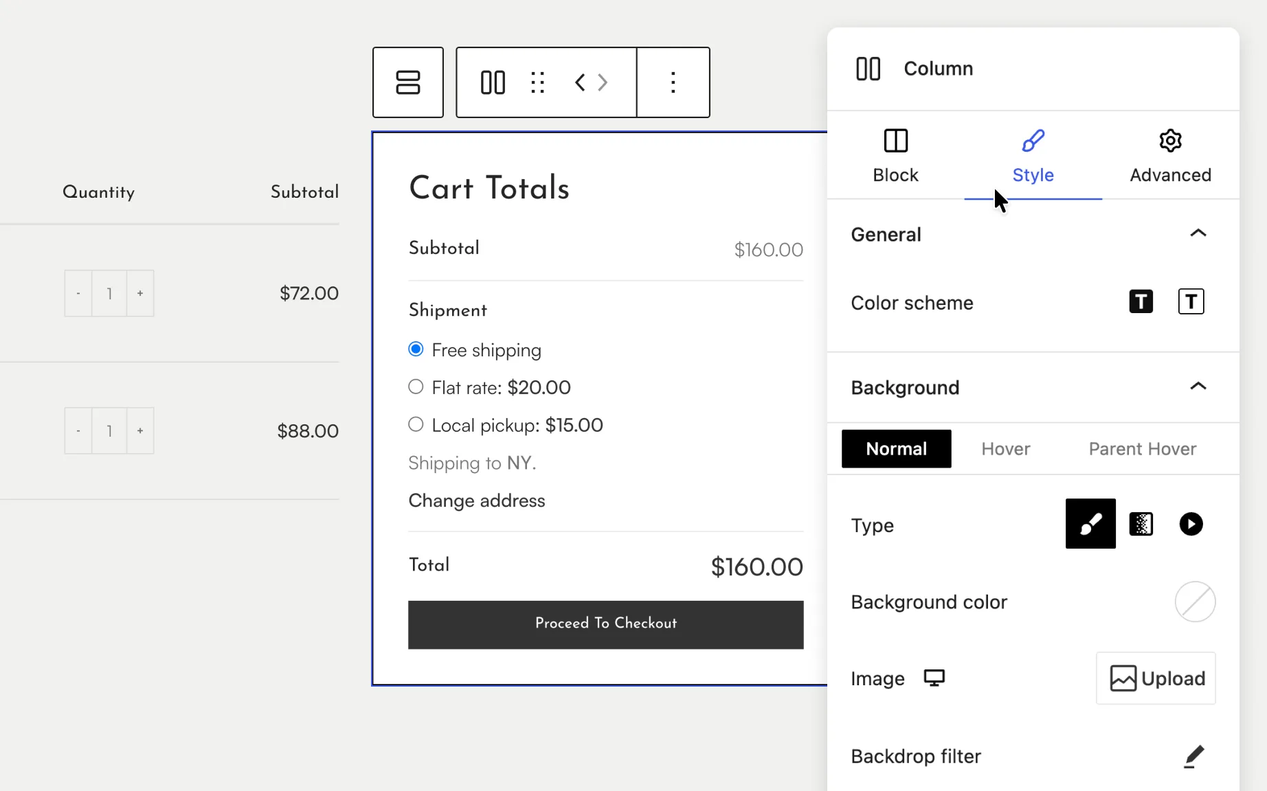 Cart page layout being built with WoodMart cart elements