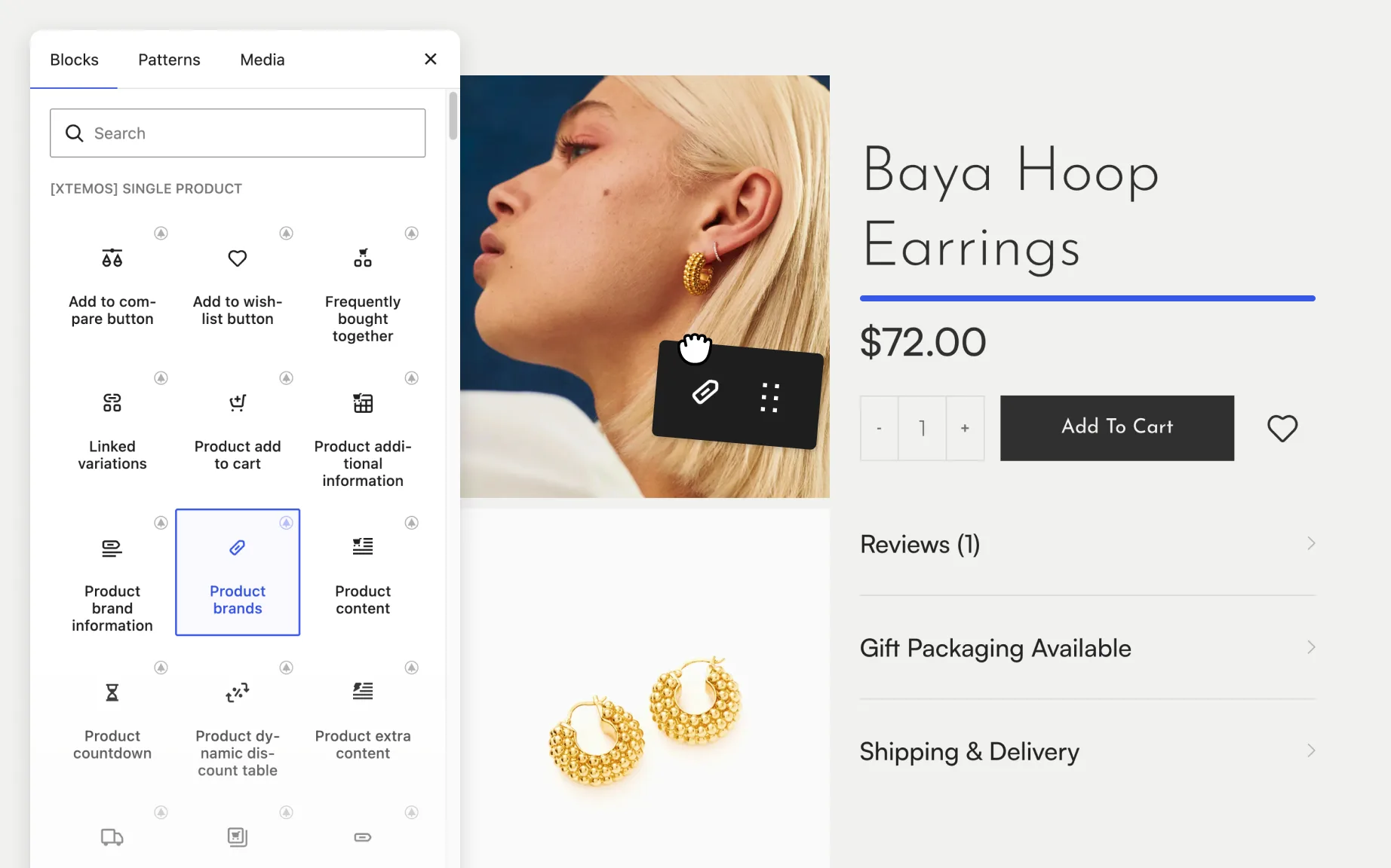 Single product builder with WoodMart product elements in the block editor