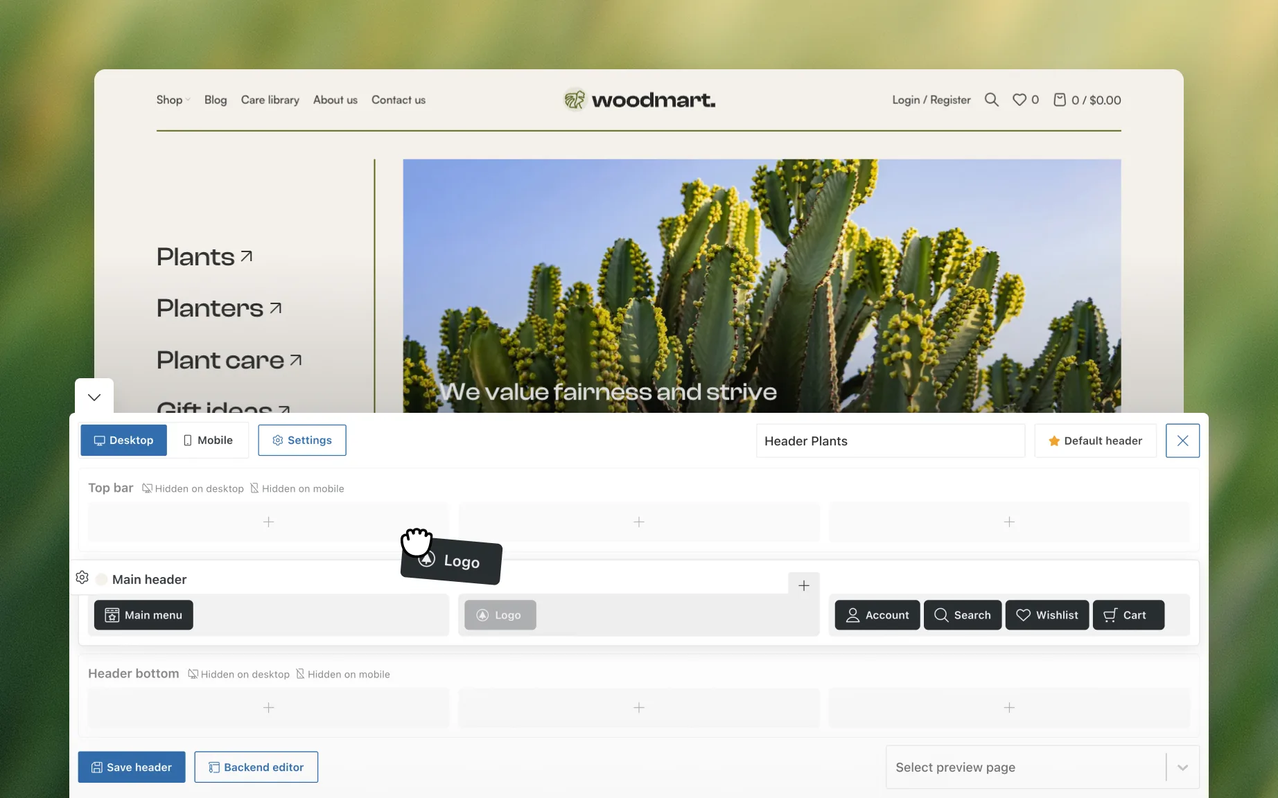 Header builder with top bar, main header and header bottom rows over a live storefront