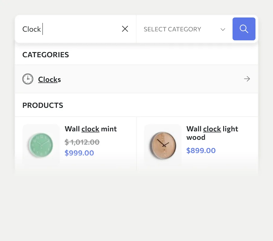 AJAX live search showing product suggestions with thumbnails and prices
