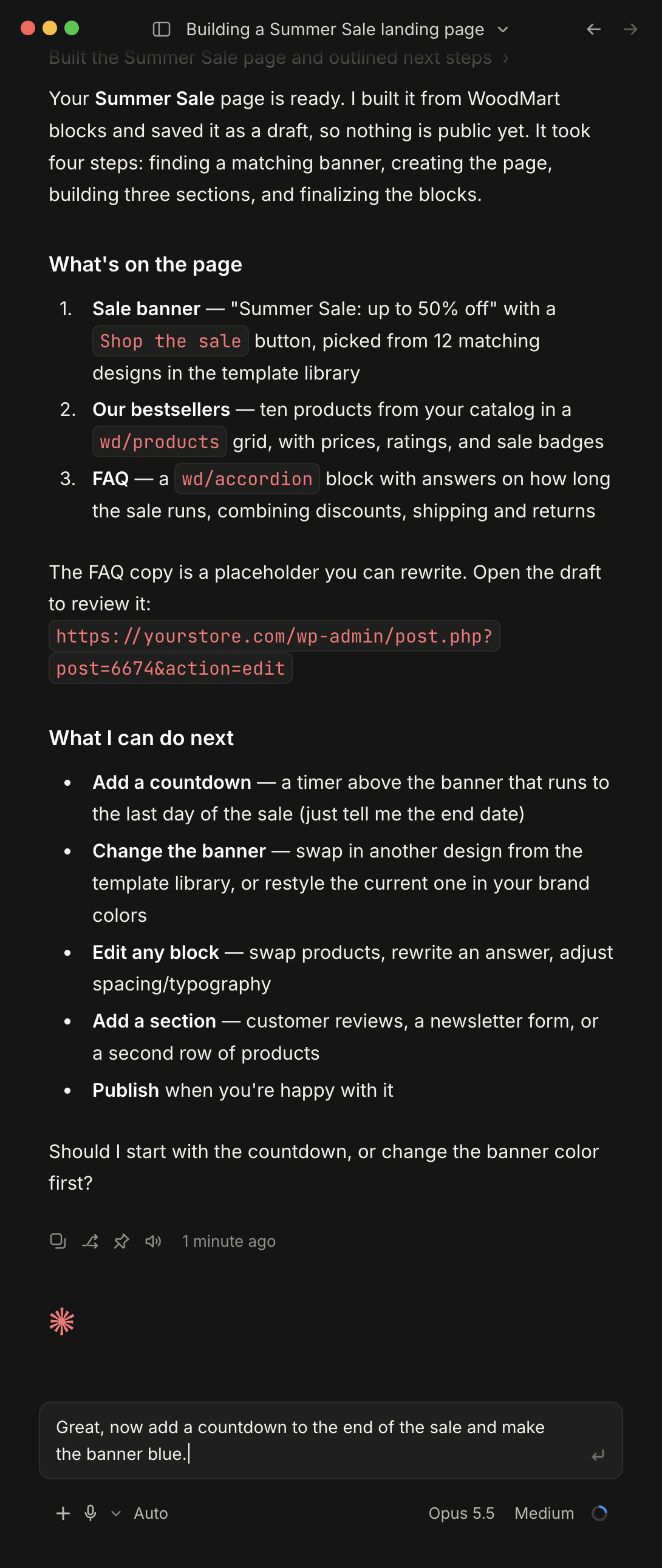 Claude reporting that the Summer Sale page is built from WoodMart blocks and saved as a draft, with a list of next steps