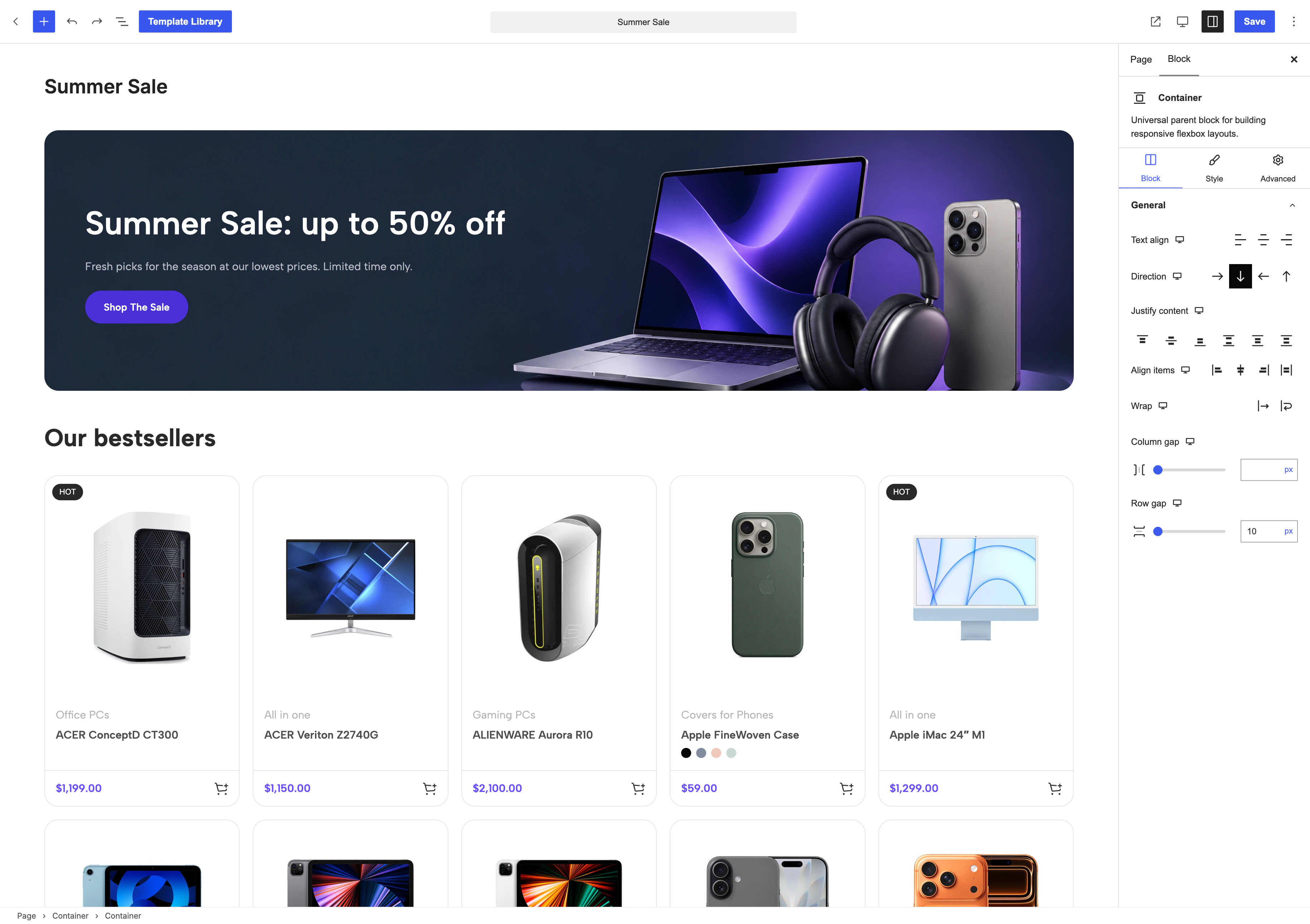 The Summer Sale page in the WordPress editor: a sale banner and a bestsellers grid built from WoodMart blocks