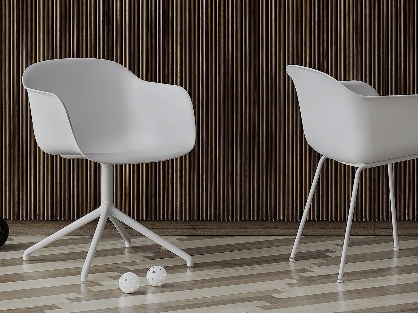 Two white chairs before a wall of wooden slats: the original JPEG