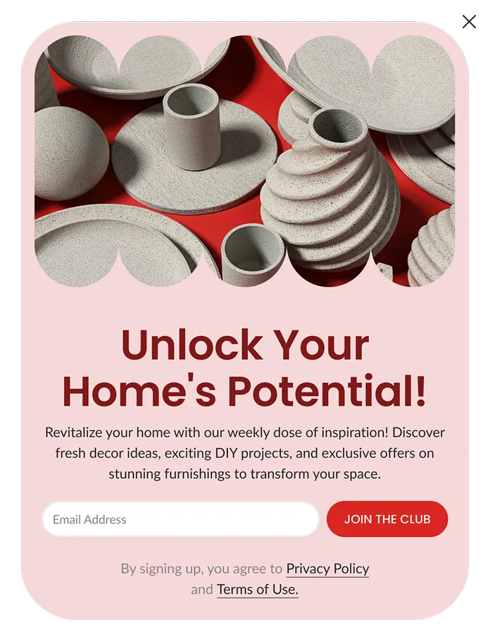 Home decor newsletter popup offering weekly inspiration in exchange for an email address