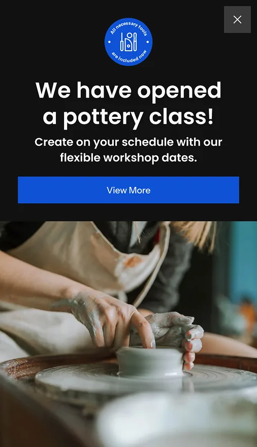 Pottery class announcement popup