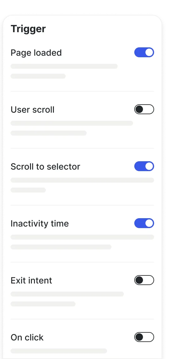 Trigger settings panel with page load, user scroll, scroll to selector, inactivity time, exit intent and on click switches
