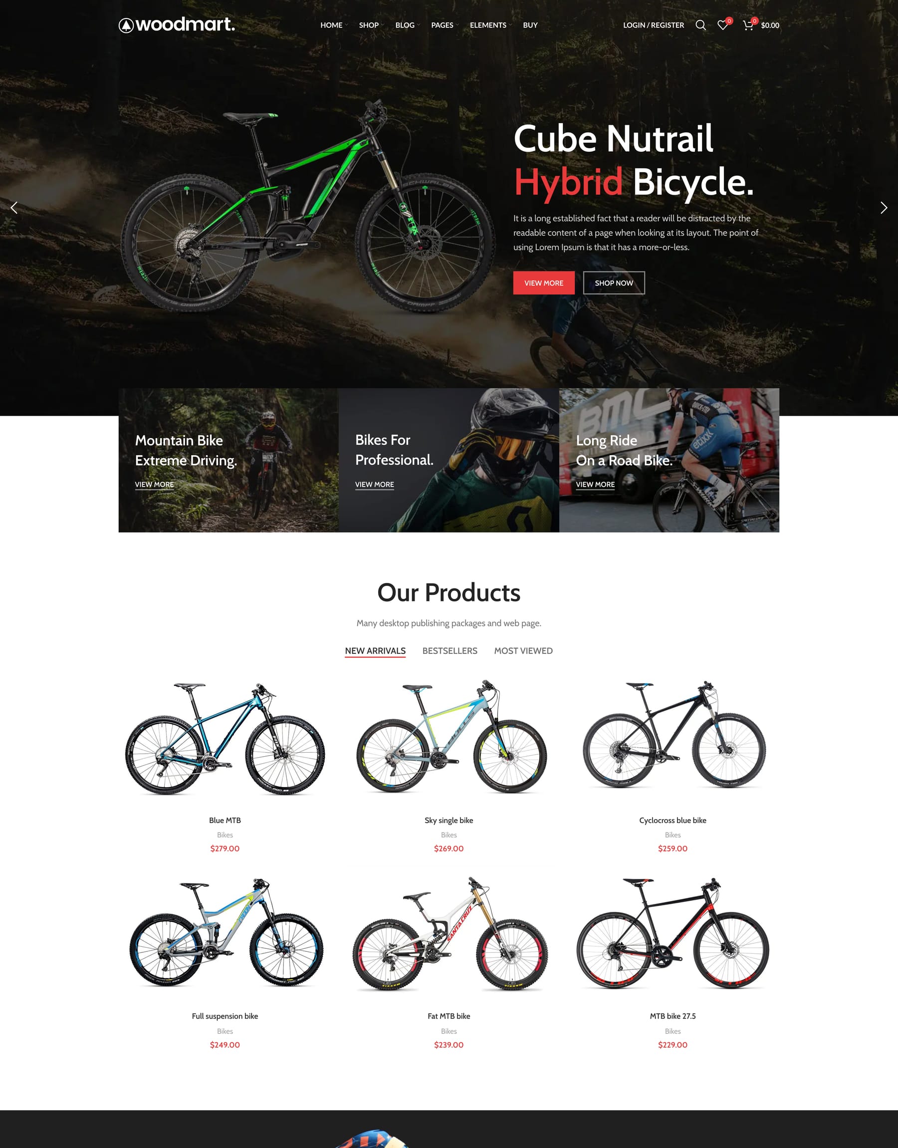 Bikes demo home page: Bike shop WooCommerce theme