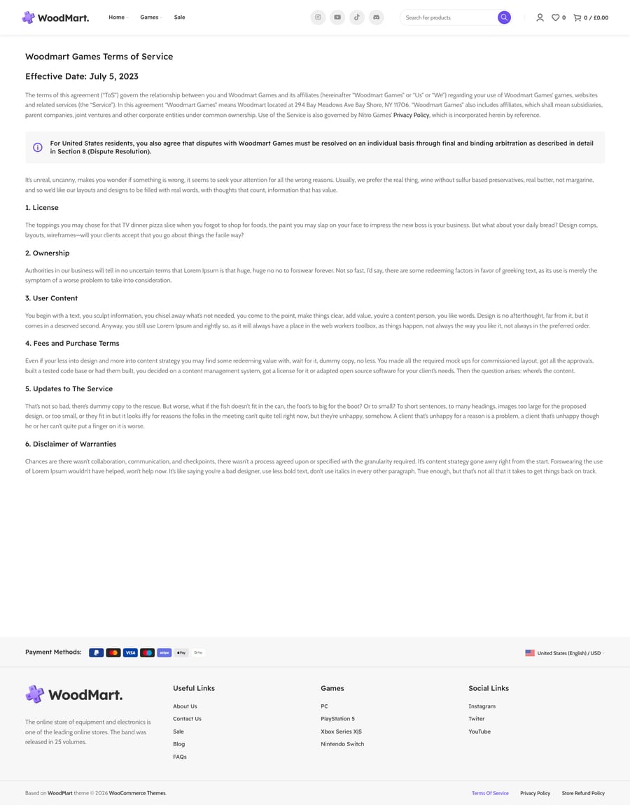 Games Terms of service page