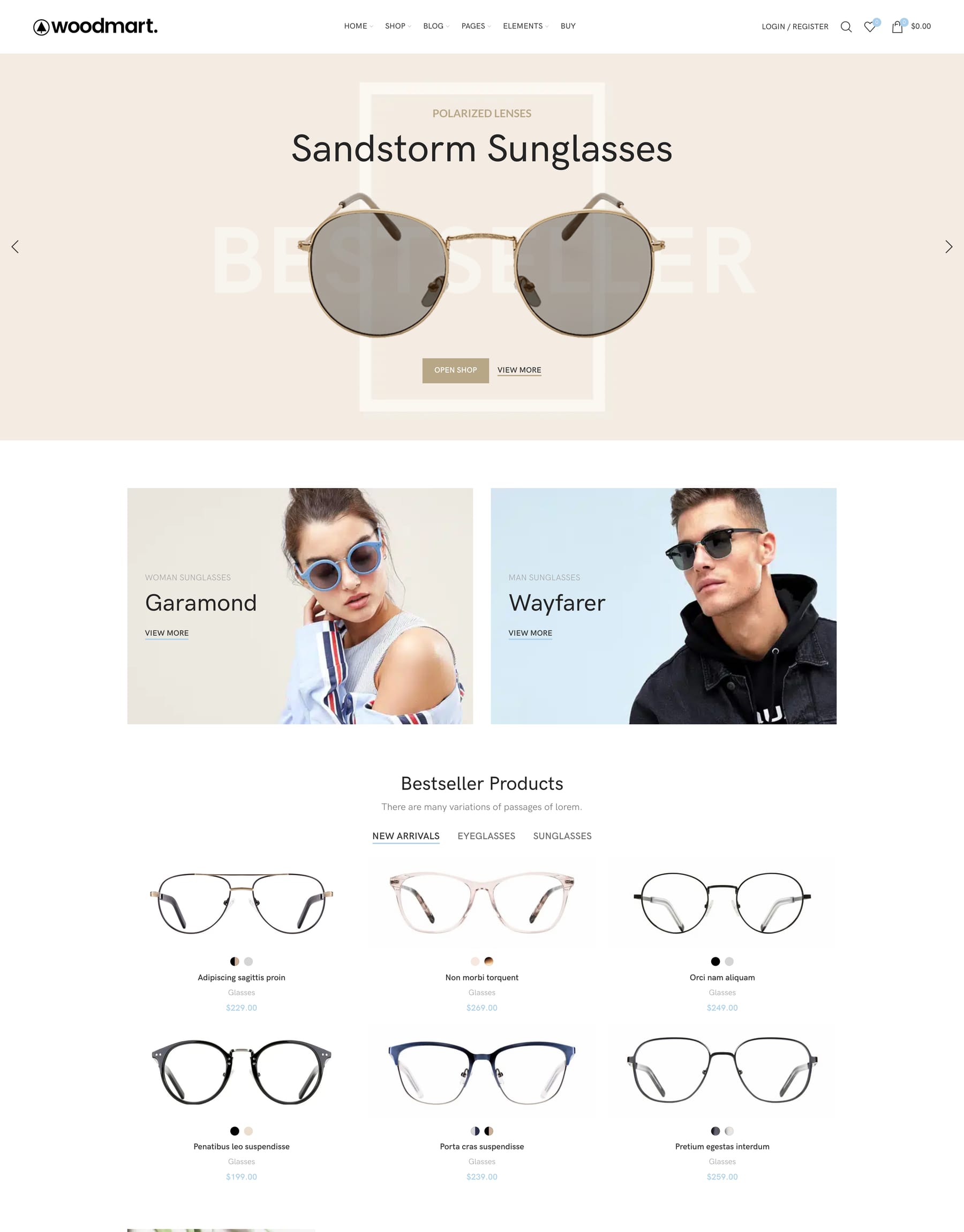 Glasses demo home page: Eyewear WooCommerce theme