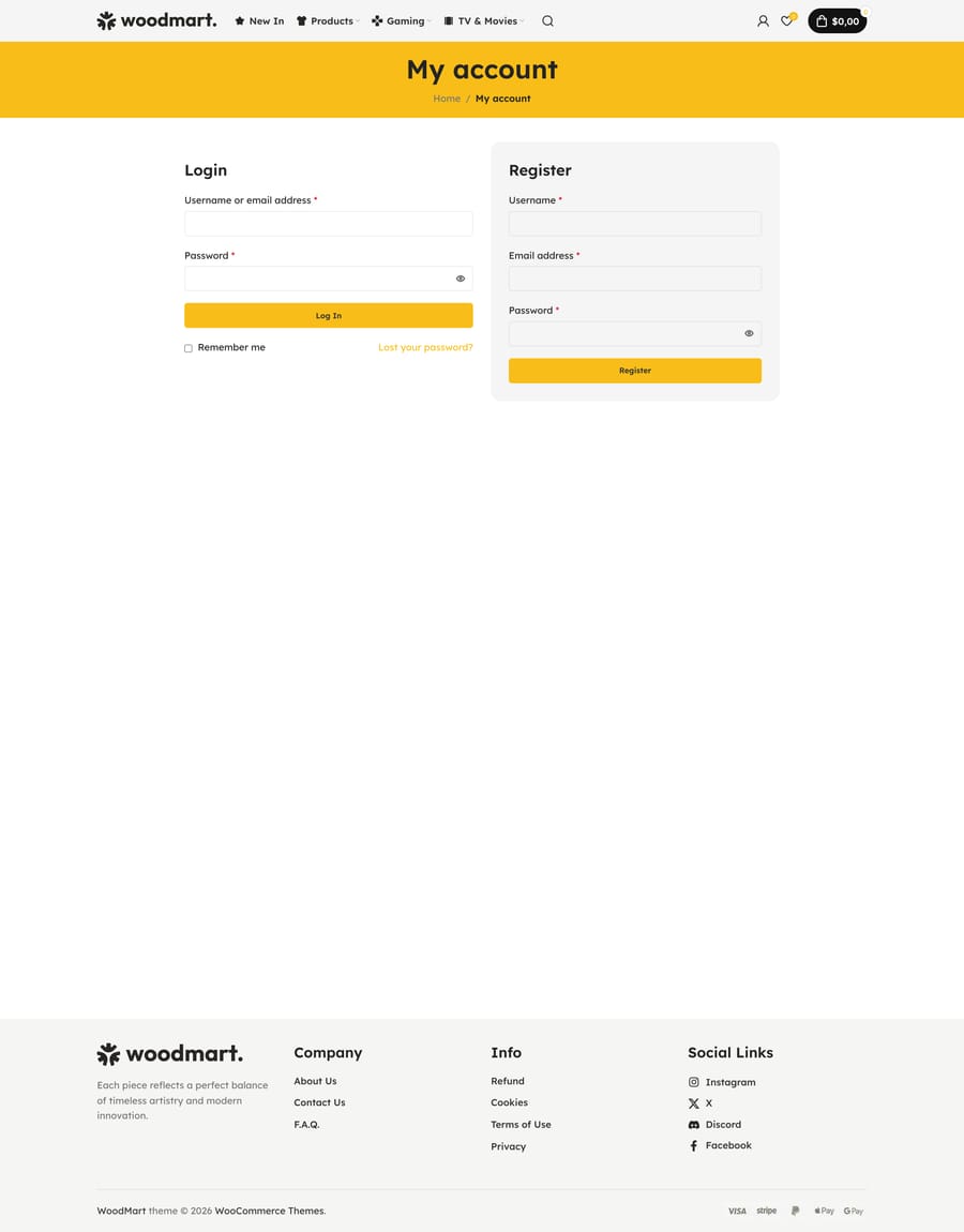 Merchandise Login register page
