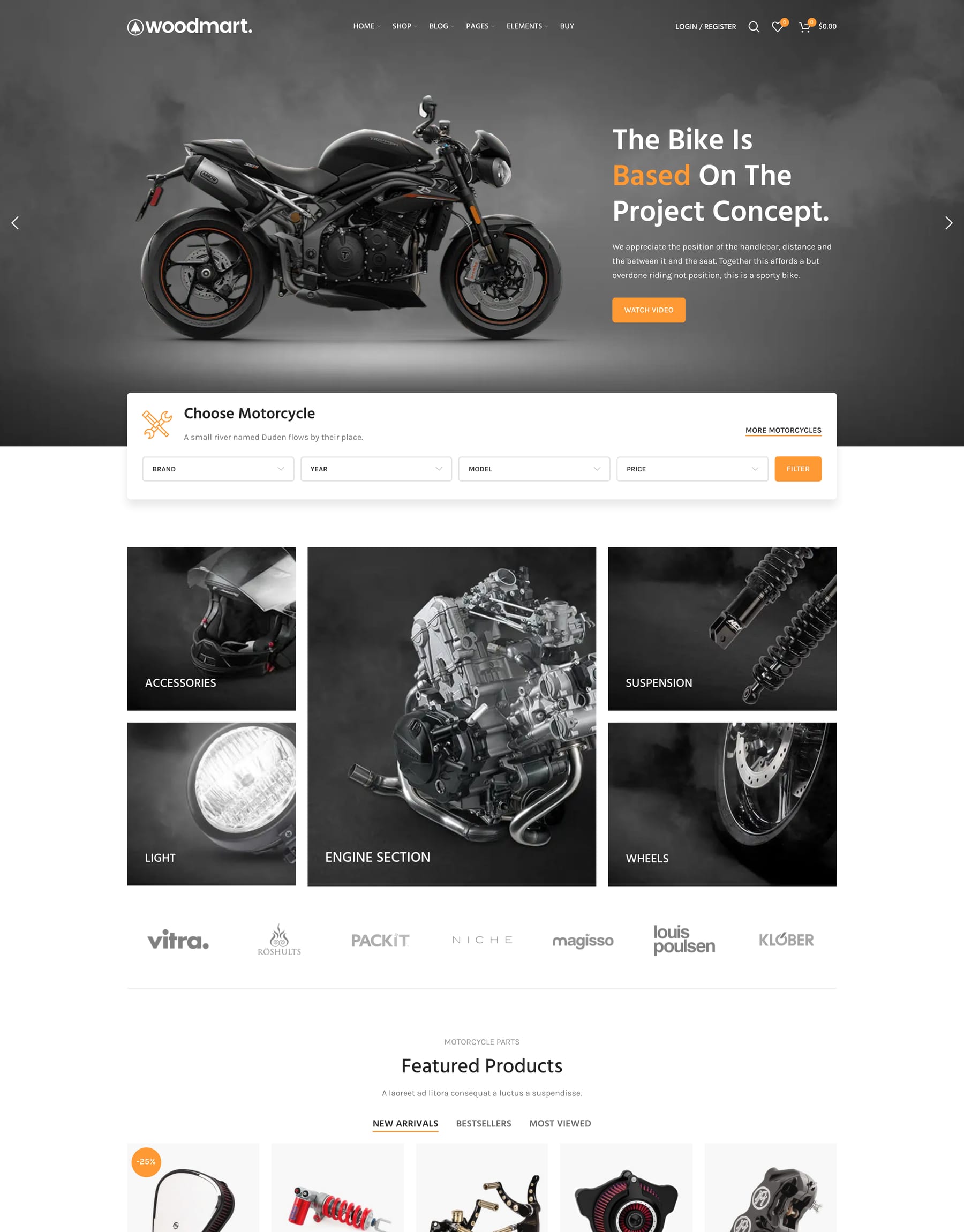 Motorcycle demo home page: Motorcycle parts WooCommerce theme