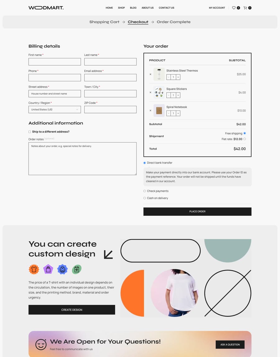 T-shirts Checkout page
