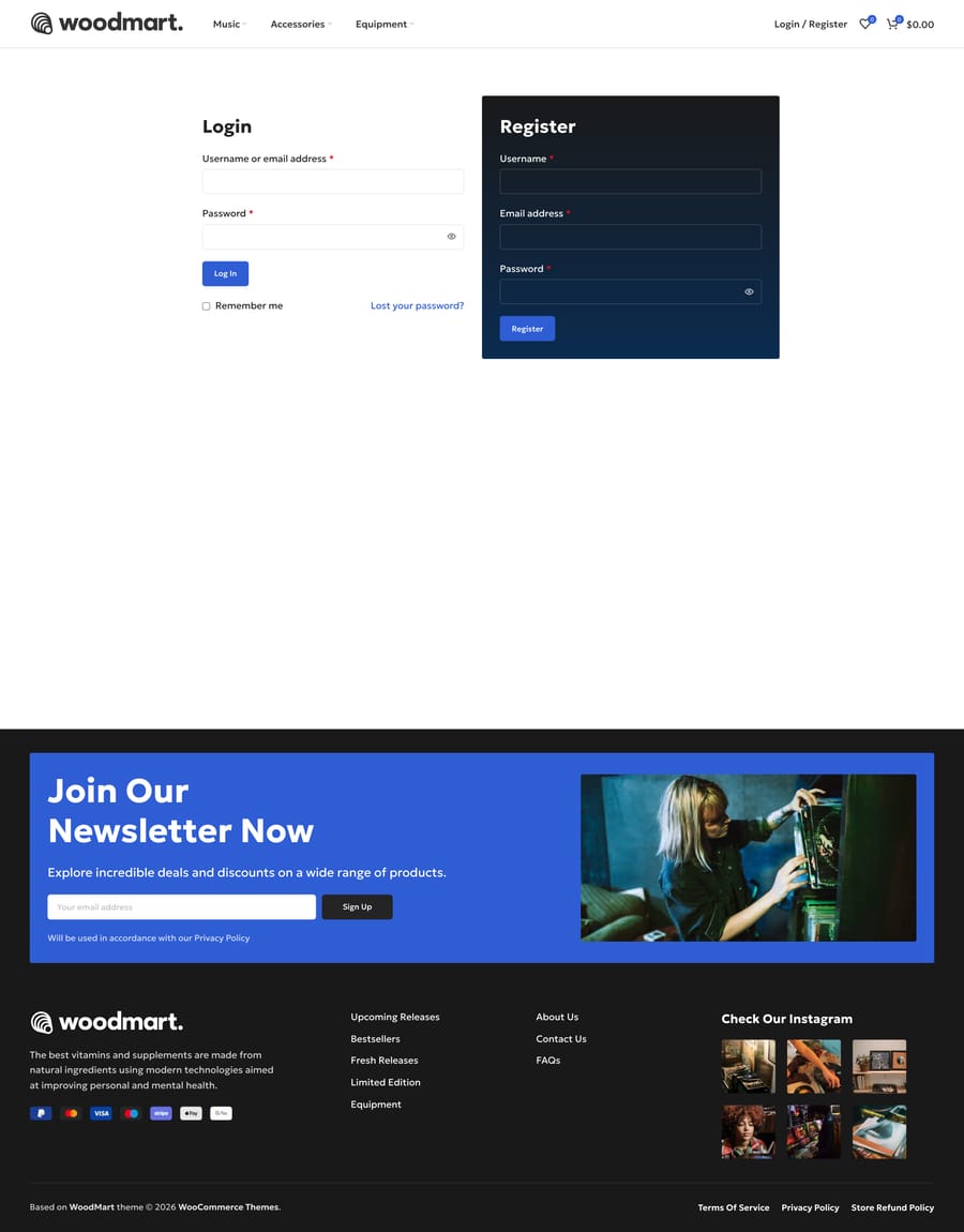 Vinyls Login register page
