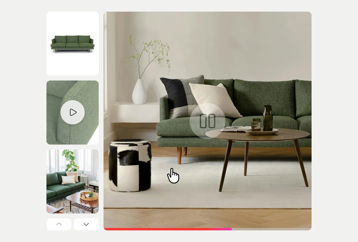 Product gallery with thumbnails, a video thumbnail and a large sofa photo with video controls