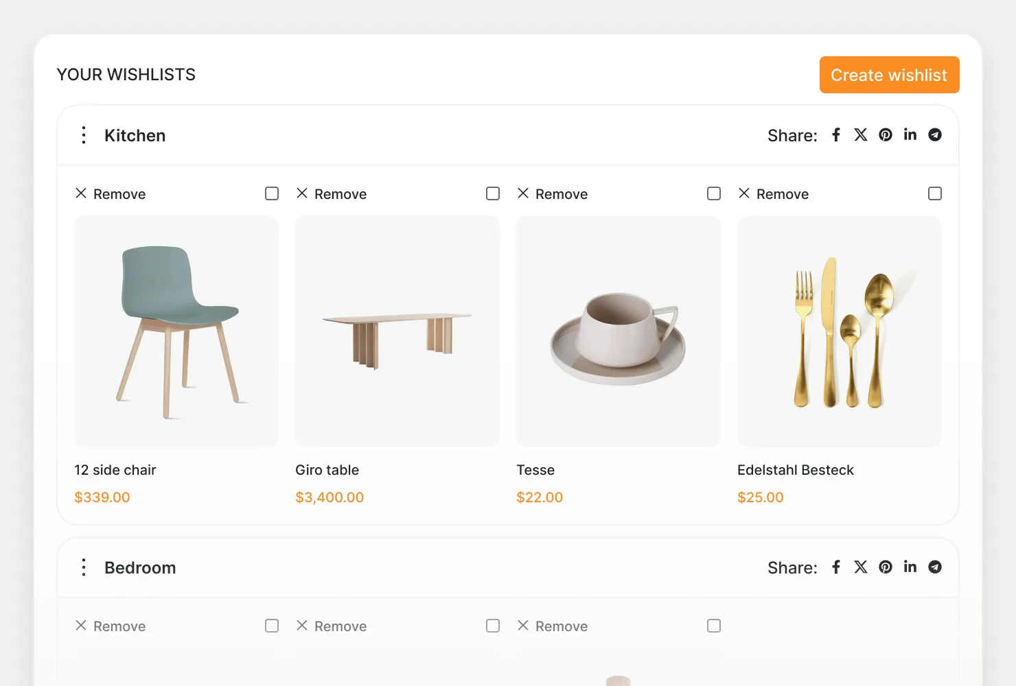Wishlist page with saved products grouped into several named lists
