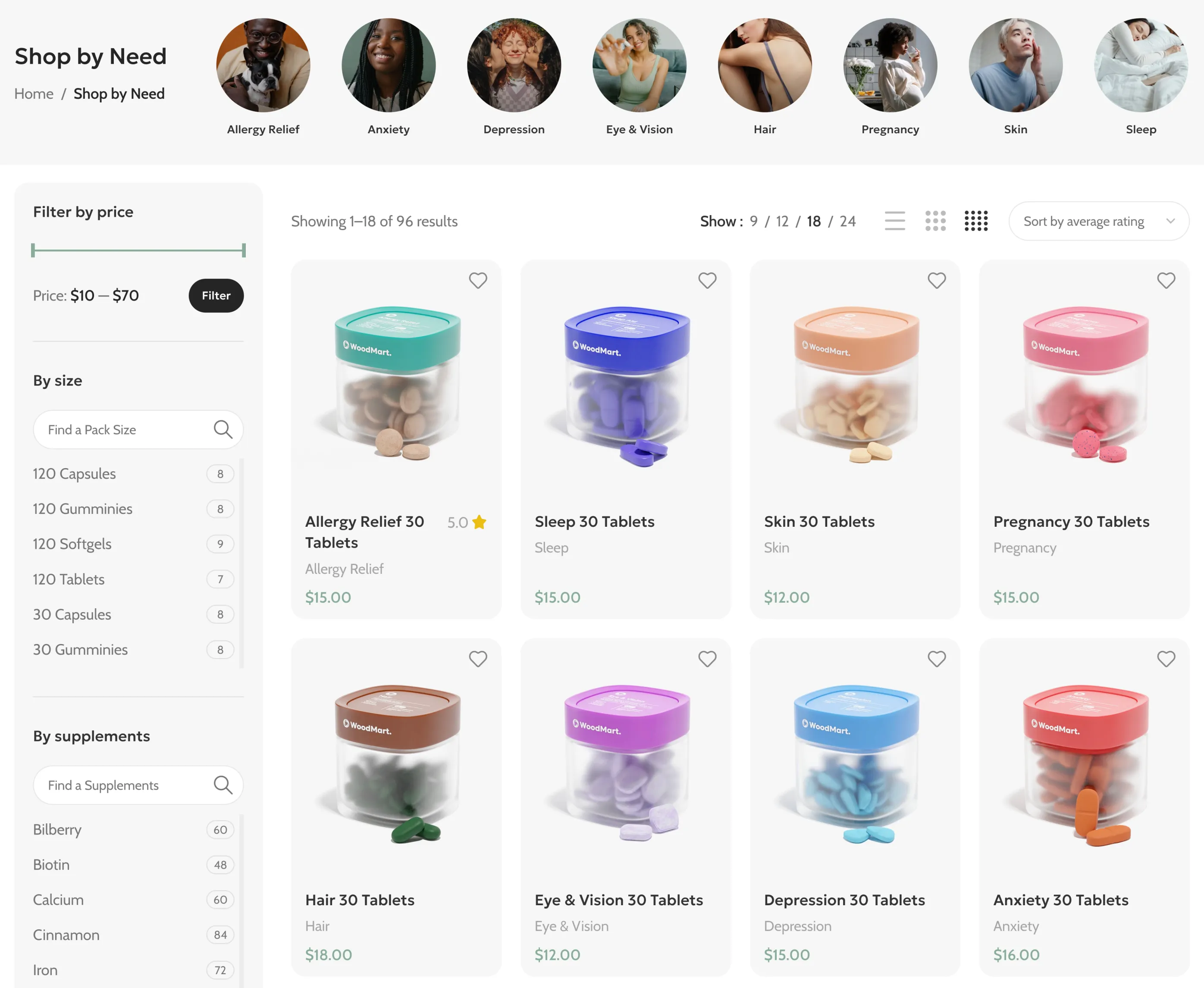 Supplements shop with shop-by-need categories, a price slider and size filters beside the product grid