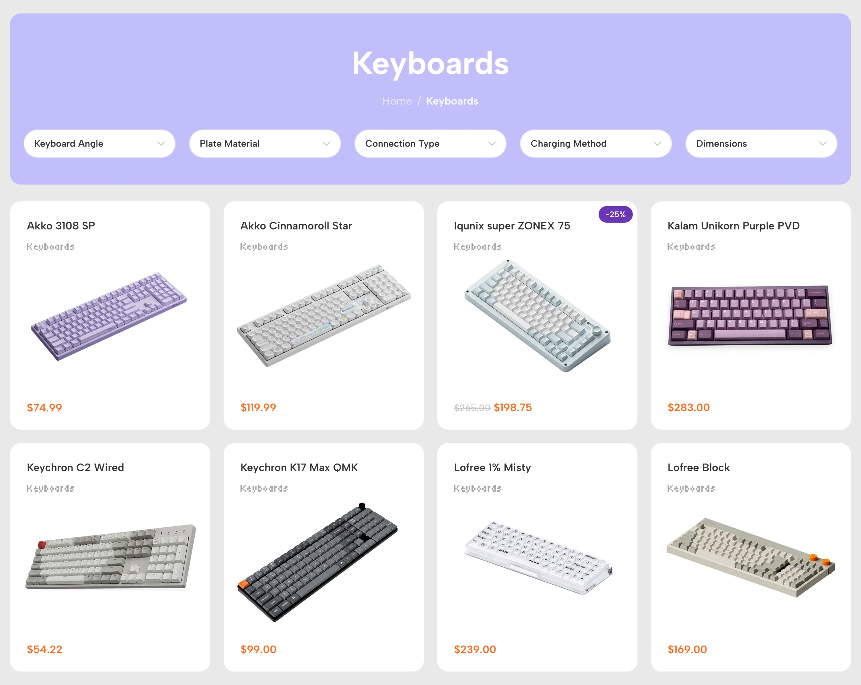 Keyboard shop filtered by layout, switch type and brand with the grid updated in place