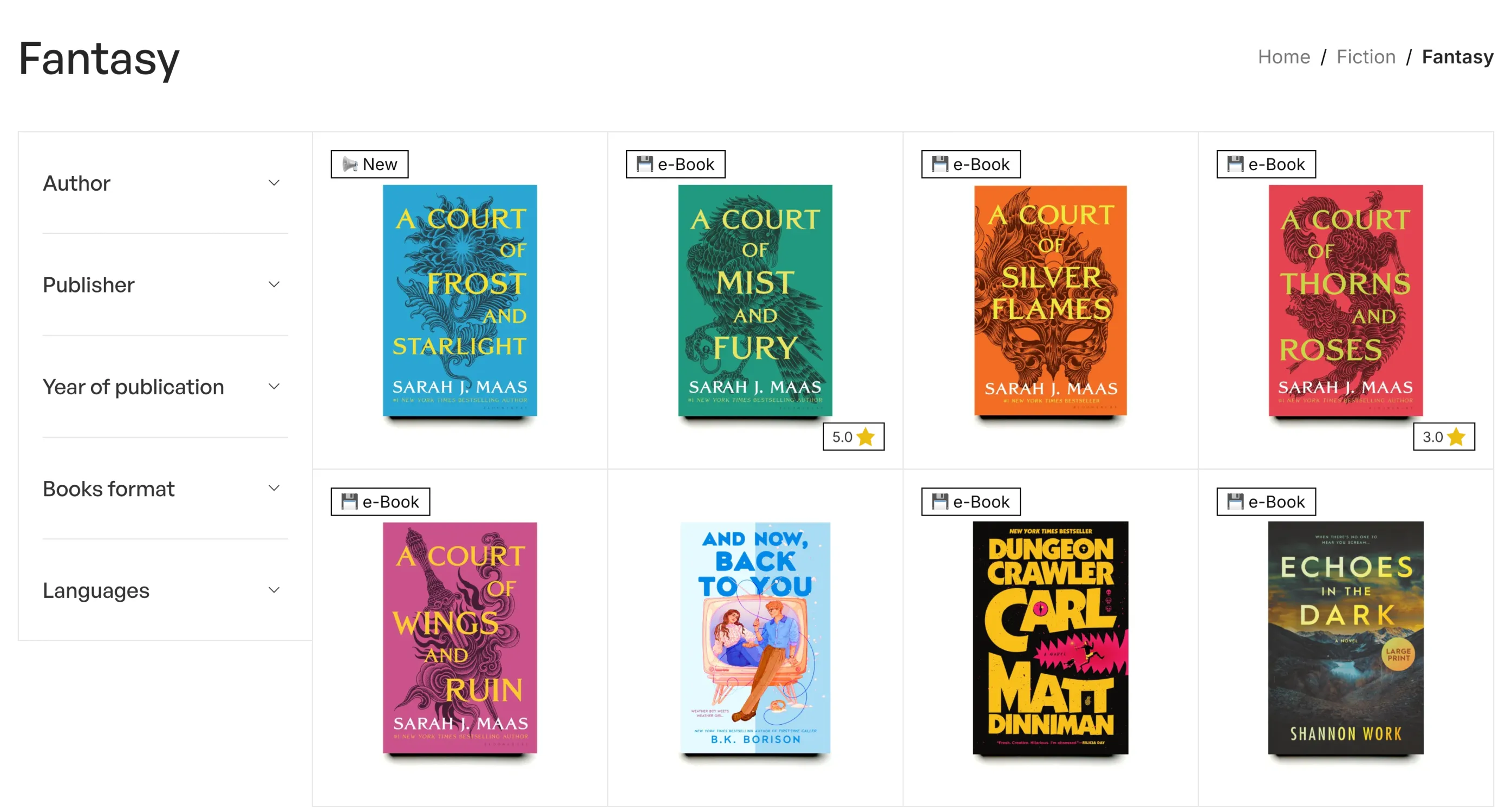 Bookstore catalog with genre, author and format filters
