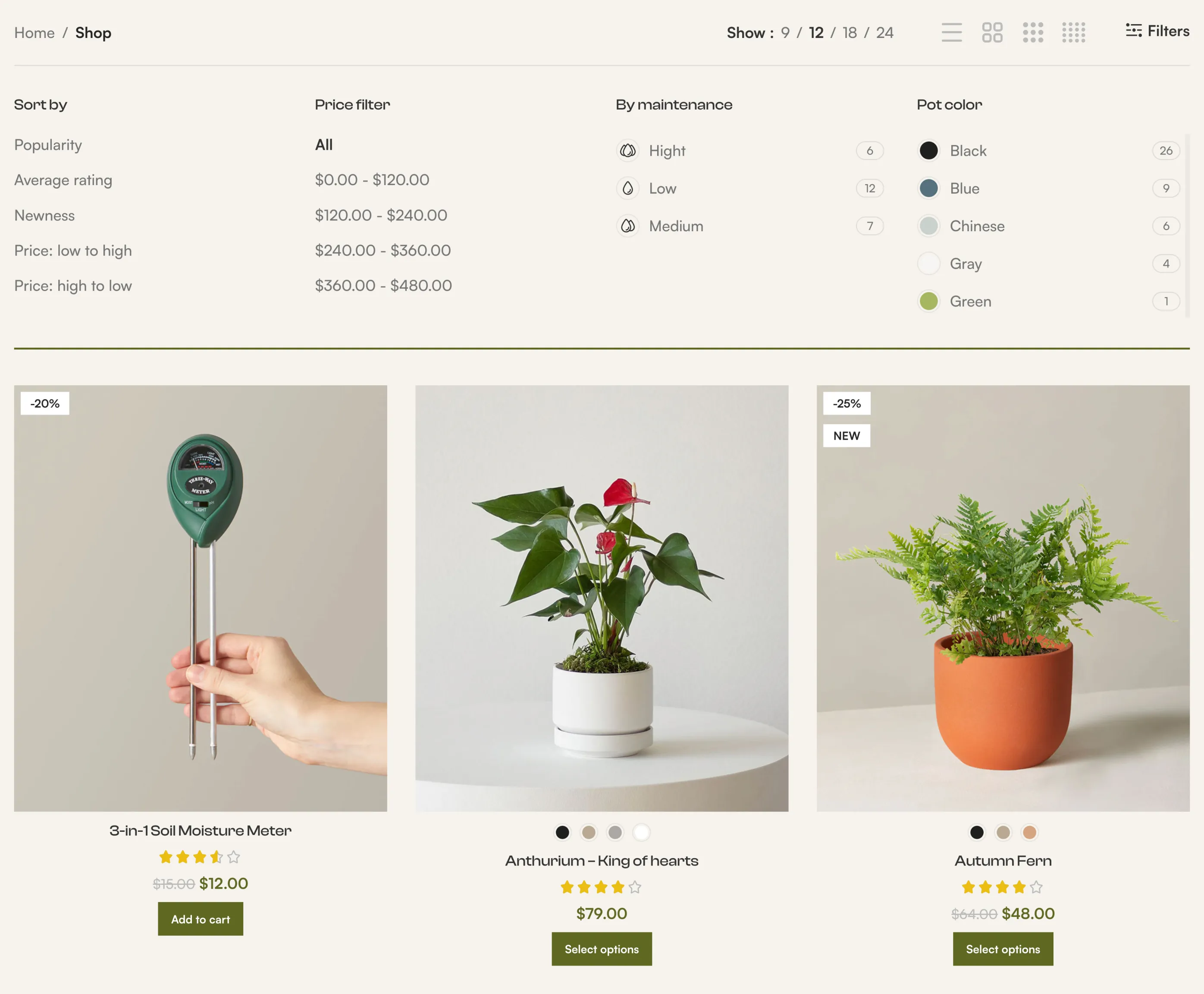 Plant shop with color and size filters applied