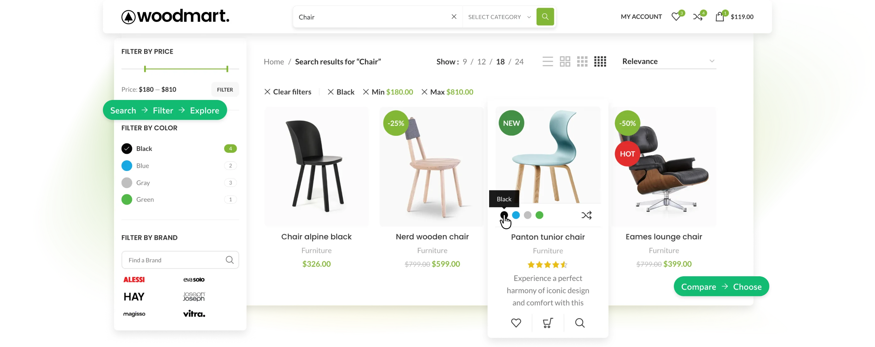 WooCommerce shop page with live search suggestions, AJAX filters, color swatches and a quick view window