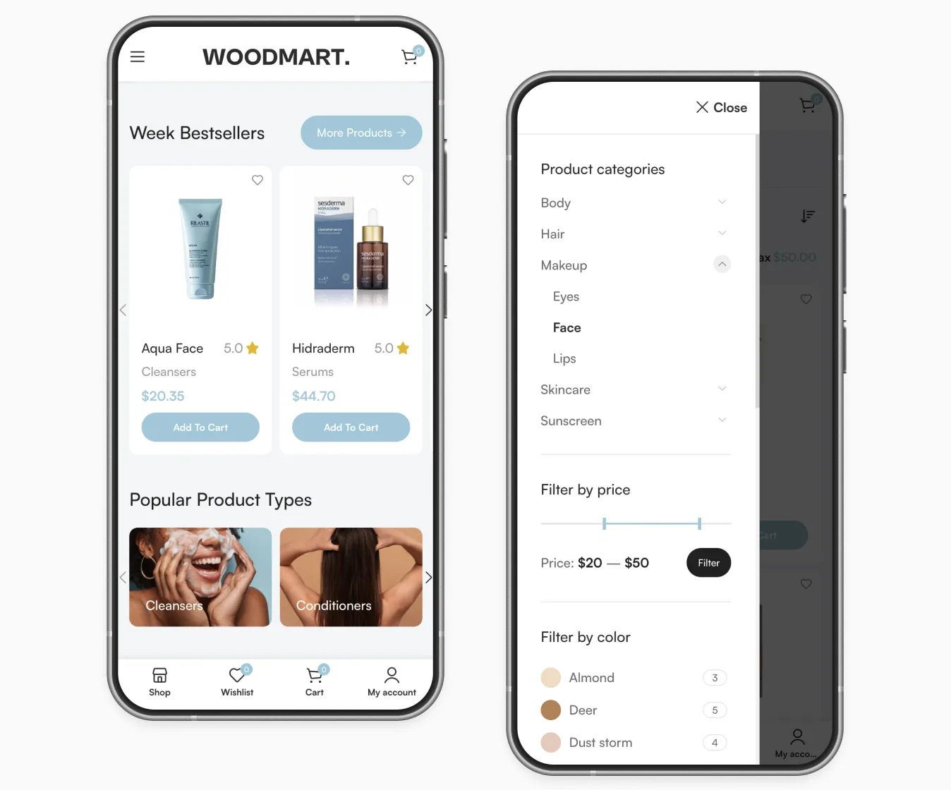 Two phones: a store home page with a bottom navbar, and an off-canvas filter panel with categories, price and color filters