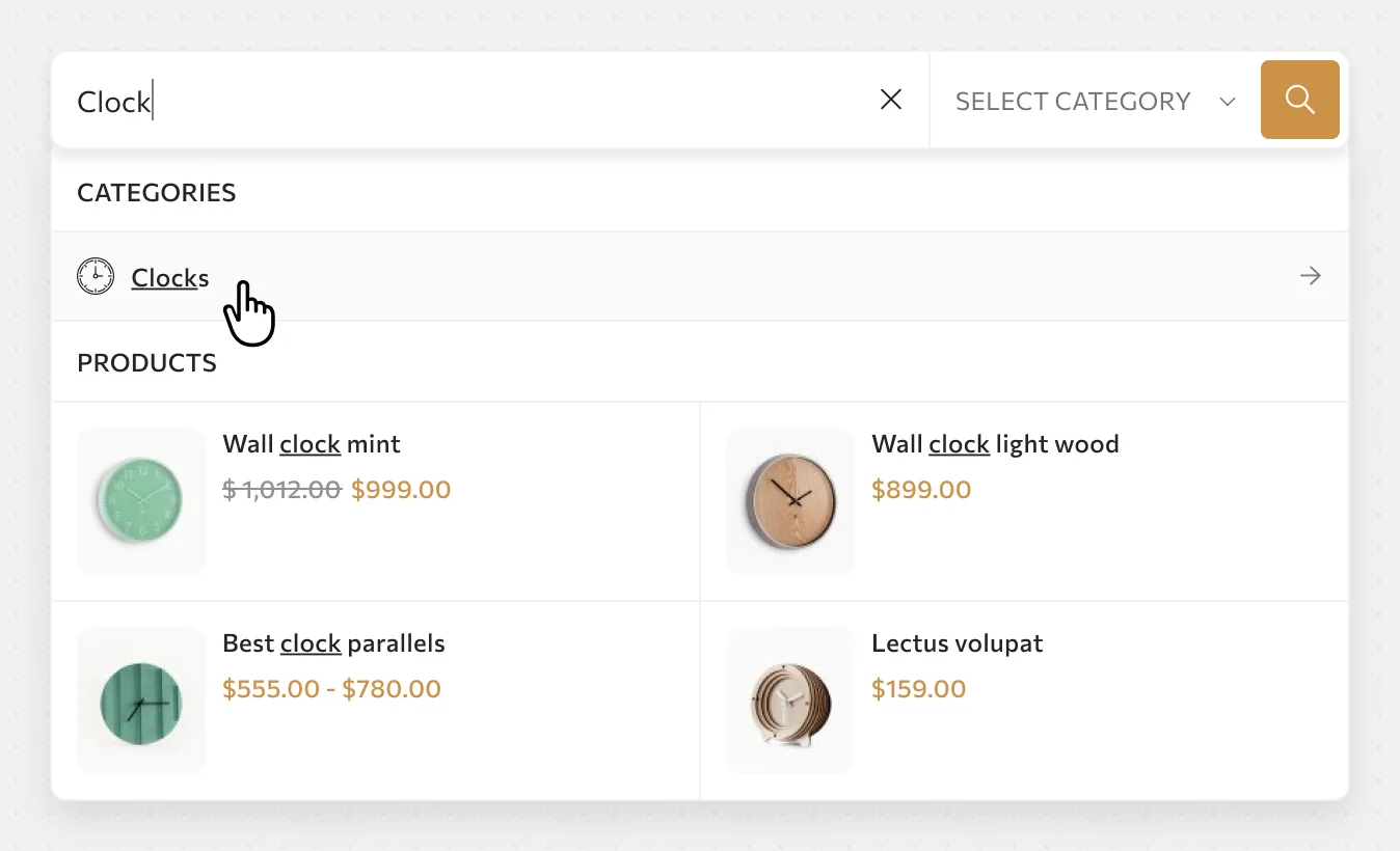 Search for clock showing a matching category and four products with thumbnails and prices