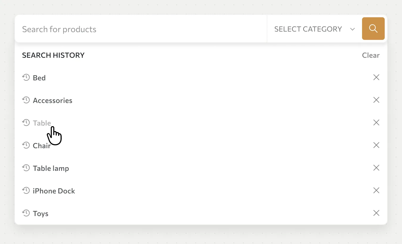 Search field opened with the shopper's recent searches listed below it