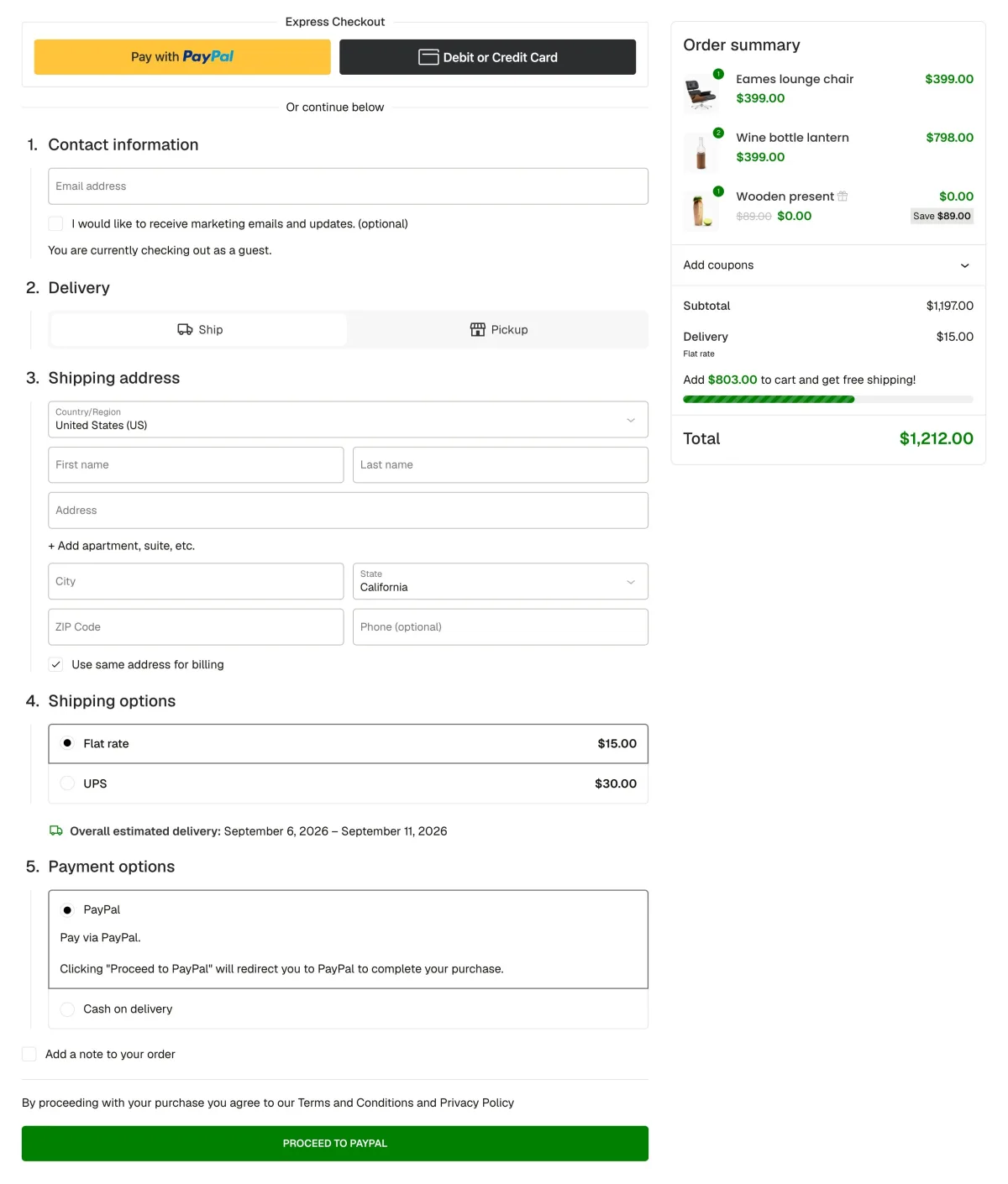 WooCommerce Cart and Checkout blocks styled by WoodMart