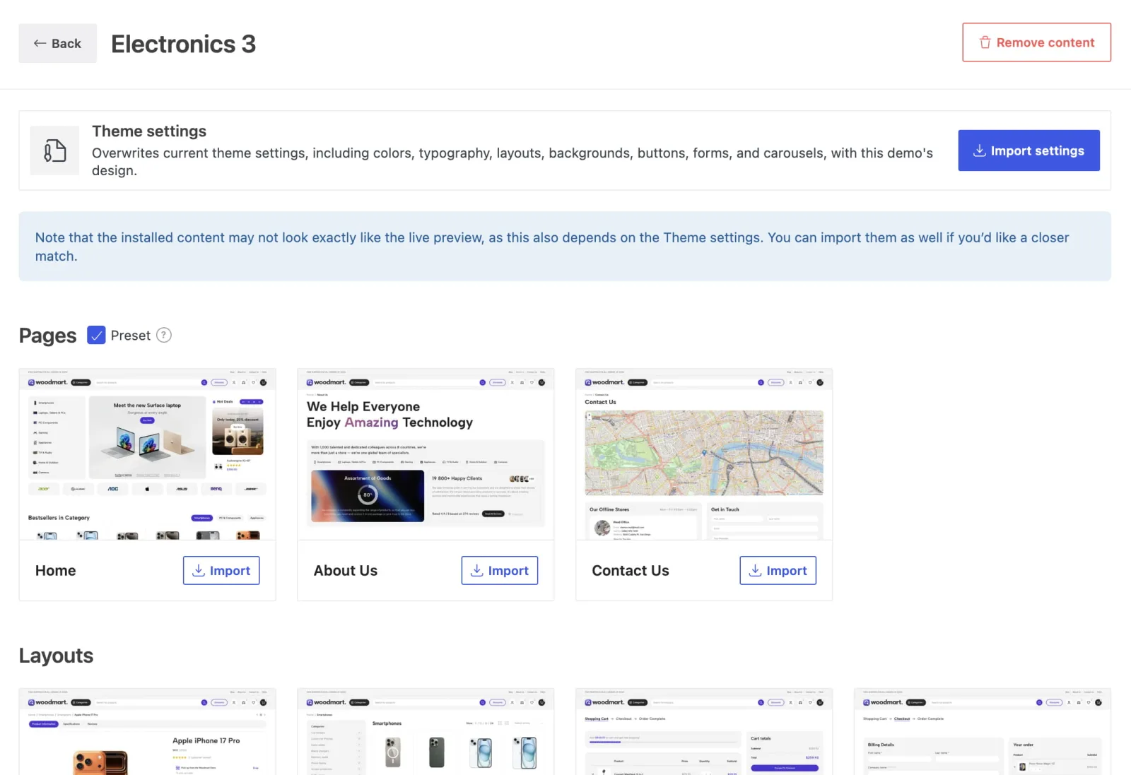 WoodMart partial demo content import interface