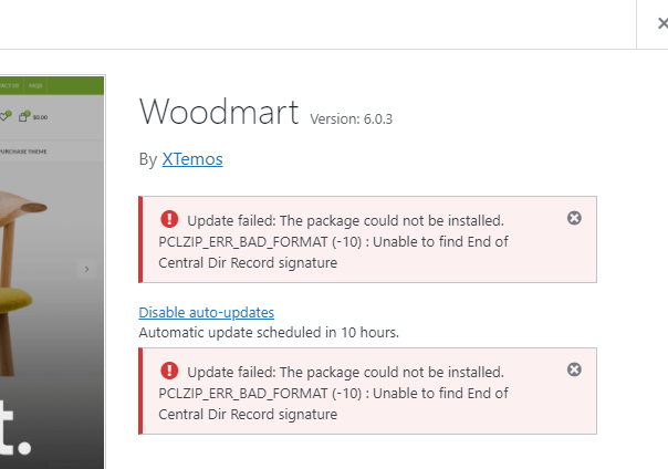 BAD_FORMAT error displayed during a WoodMart theme update