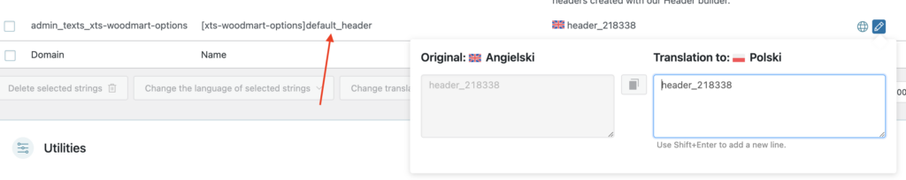 Default WoodMart header field prepared for translation in WPML