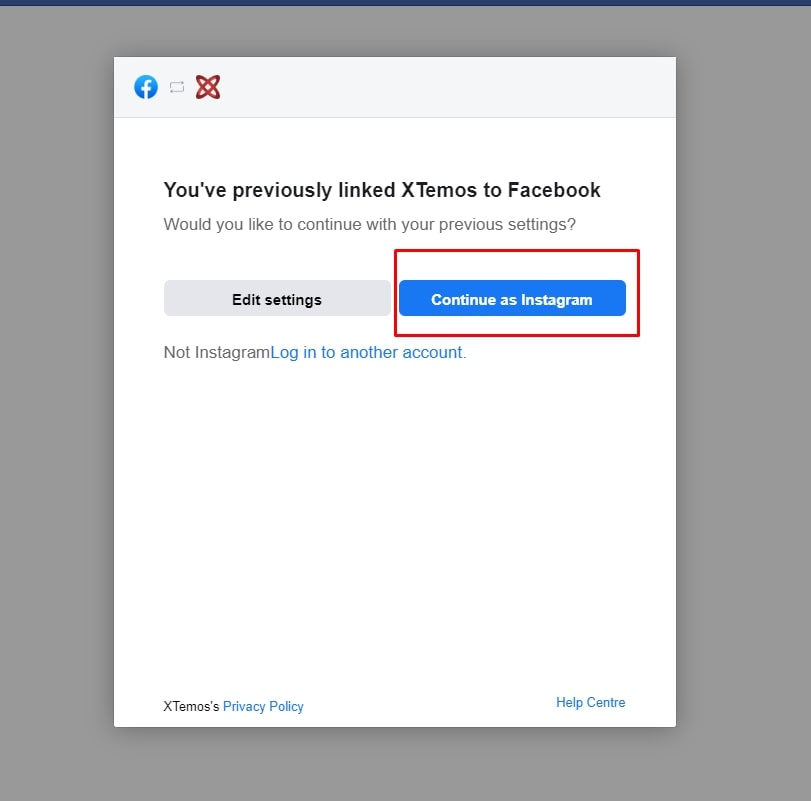 Facebook authorization screen for the XTemos Instagram integration