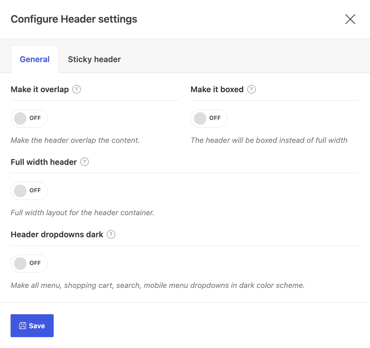 Header settings configuration