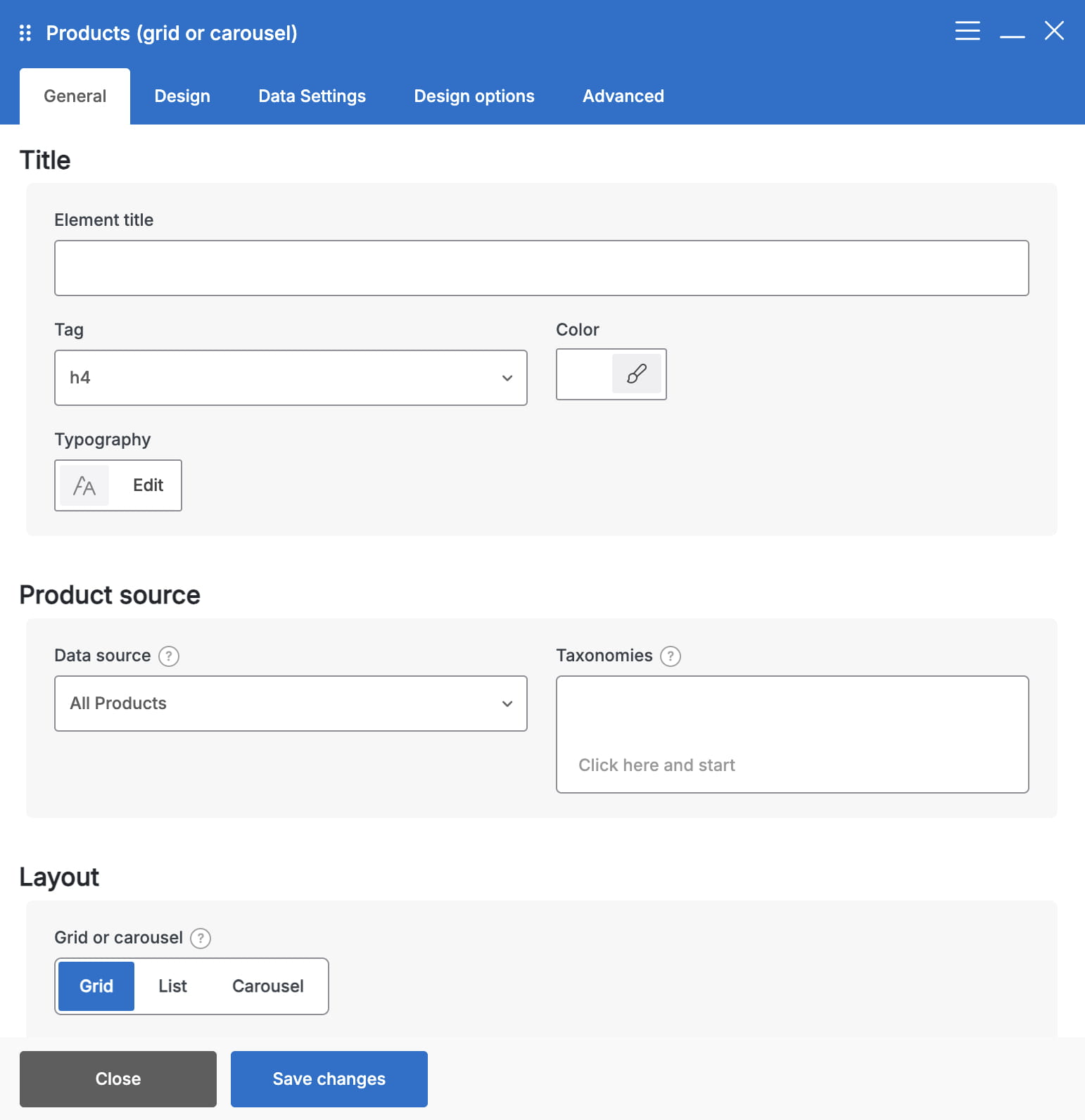 Element Products (grid or carousel) general settings on WPB