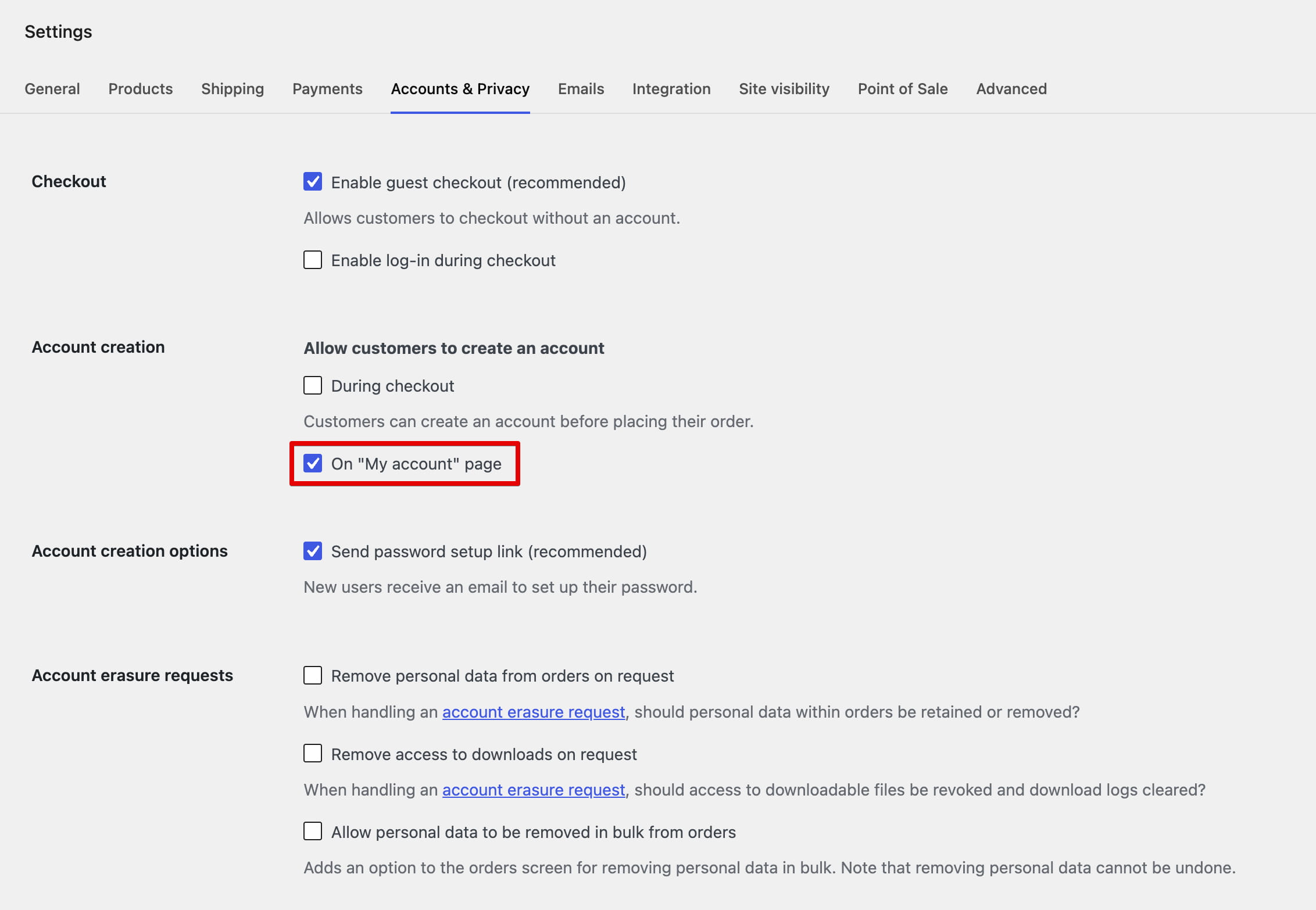 Accounts & Privacy settings with “On ‘My account’ page” selected under account creation options