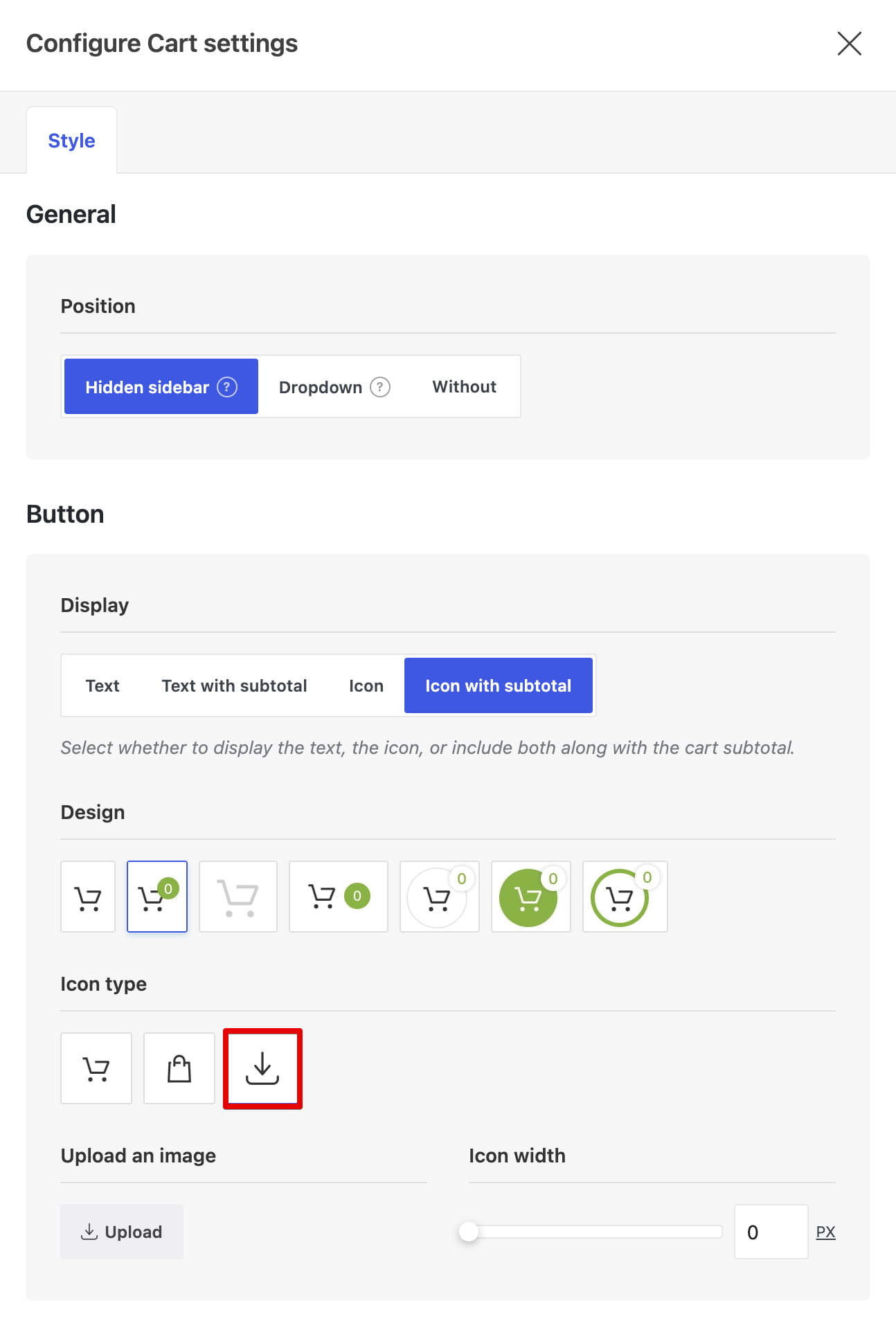 Configure cart settings dialog