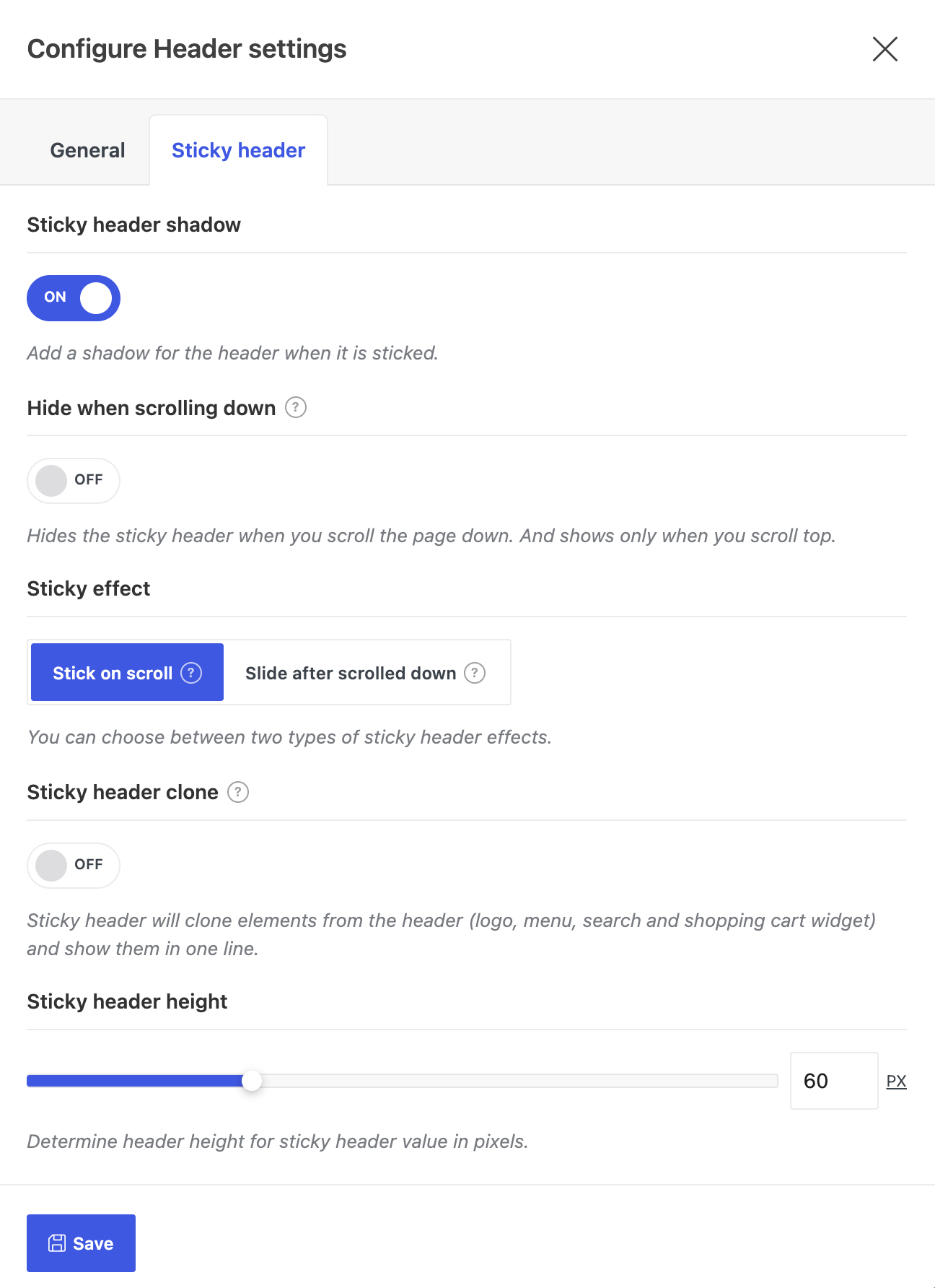 Configure sticky effects and the optional automatic header clone.