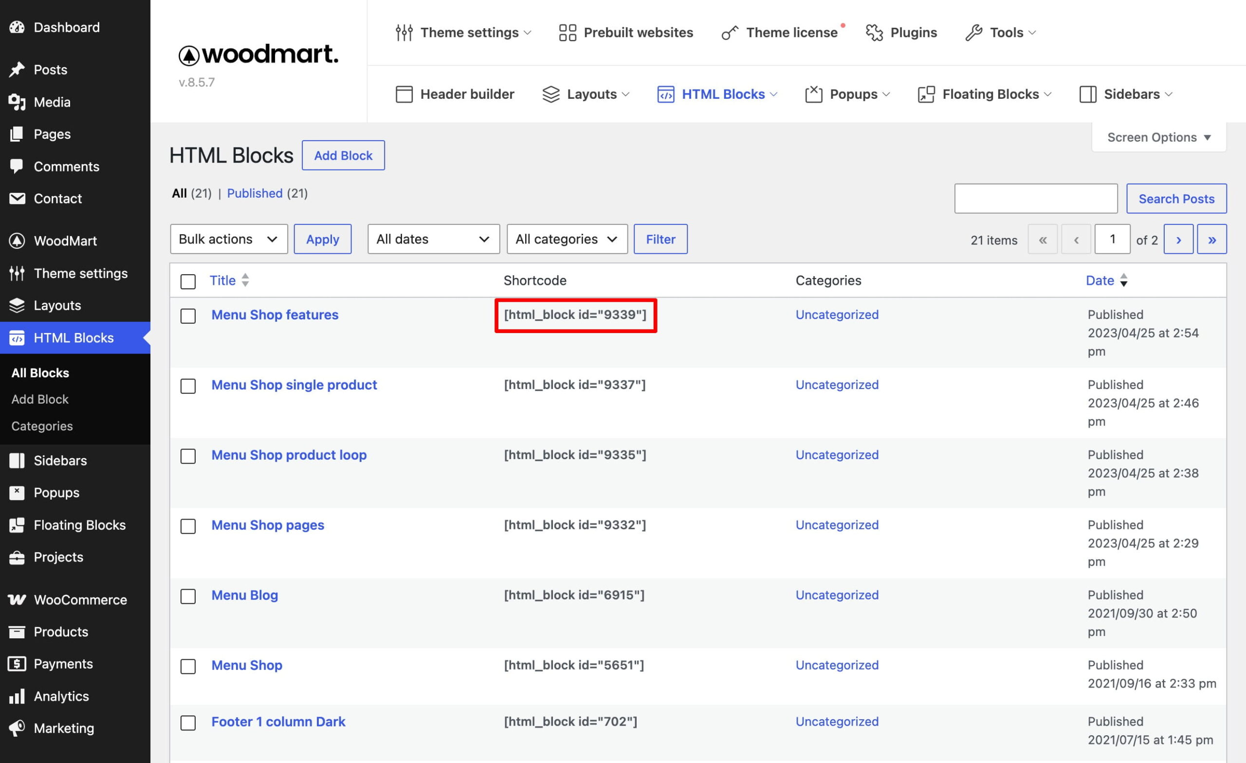 Woodmart HTML Blocks list with shortcode
