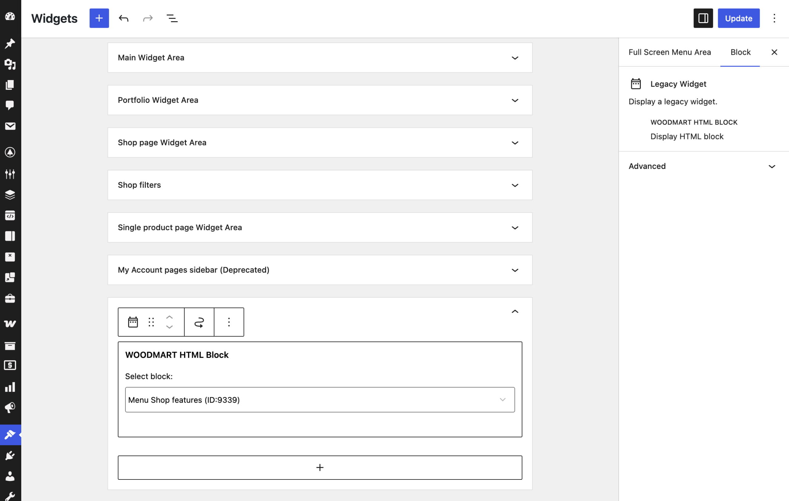 WordPress widgets editor showing a WOODMART HTML block