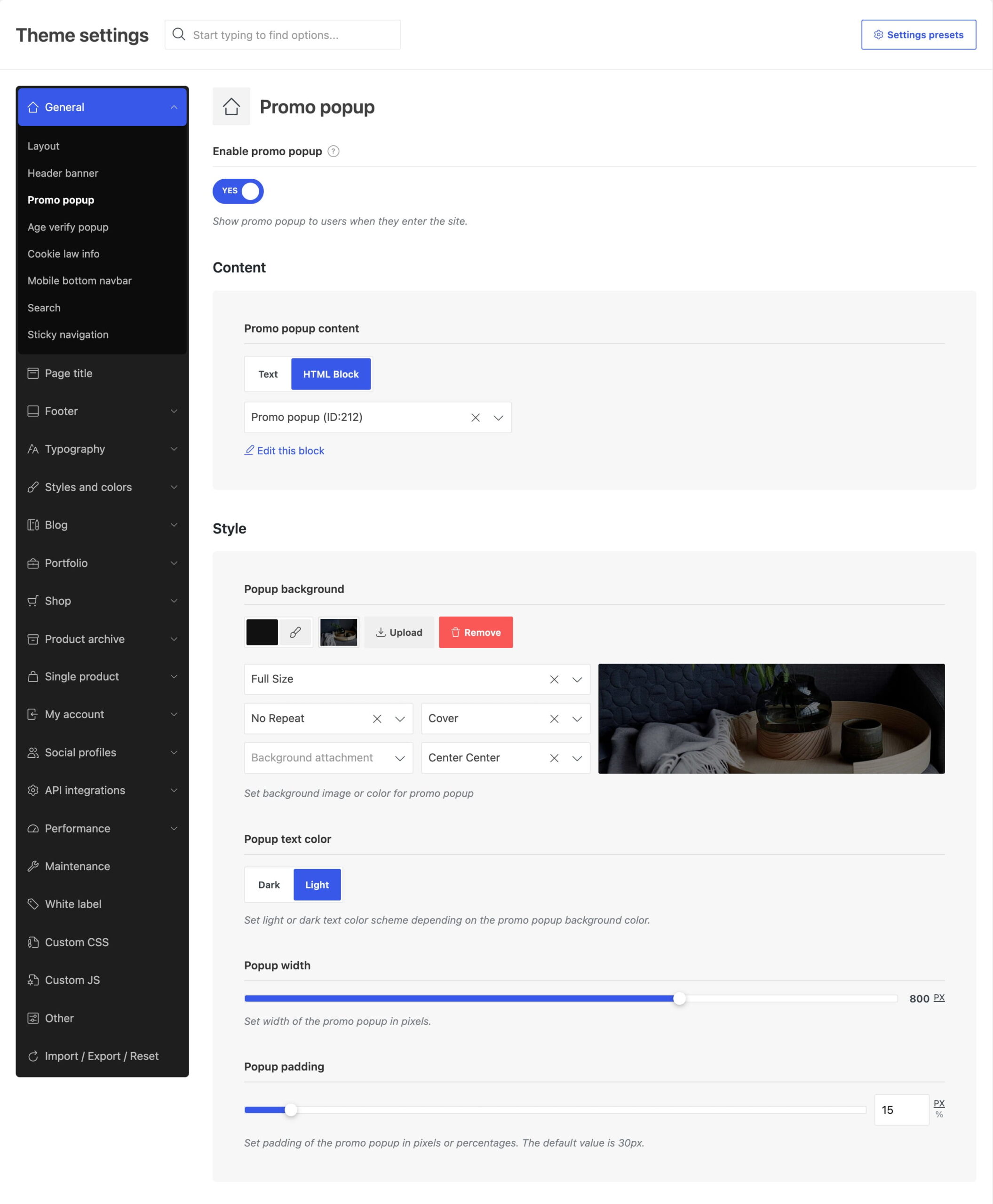 Theme settings interface showing Promo popup enabled with a background image, light text, 800 px width, and 15 px padding