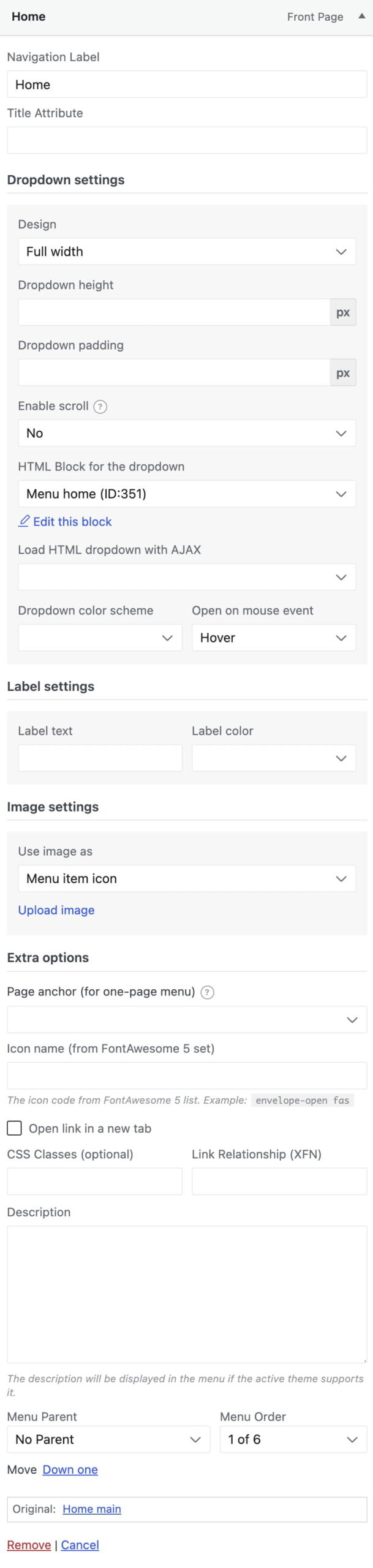 mega menu all item settings