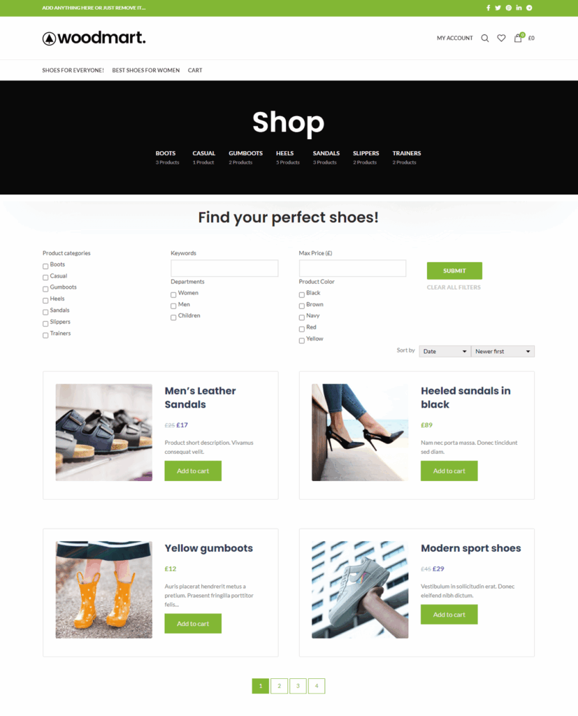 Custom WooCommerce product search created with Toolset on a WoodMart shop page