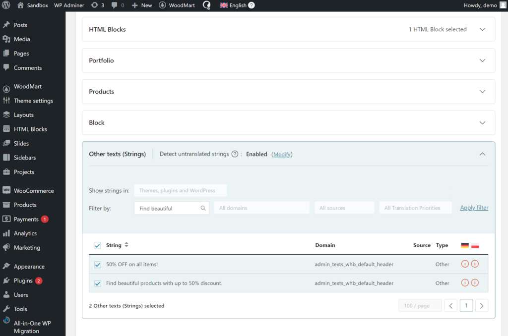 WoodMart interface strings selected for translation in WPML