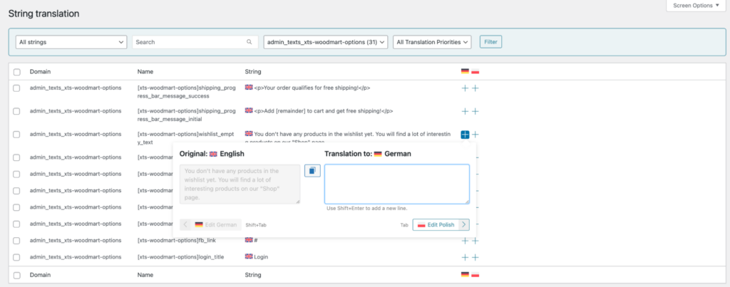 WoodMart Theme Settings fields in WPML admin text translation