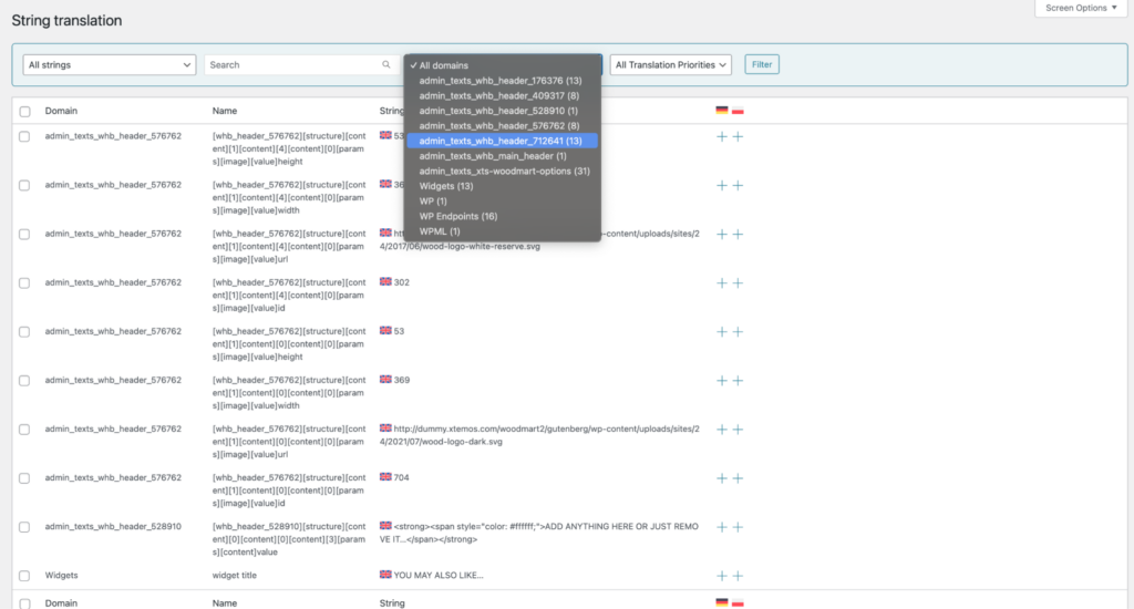 WoodMart Header Builder string domain selected in WPML